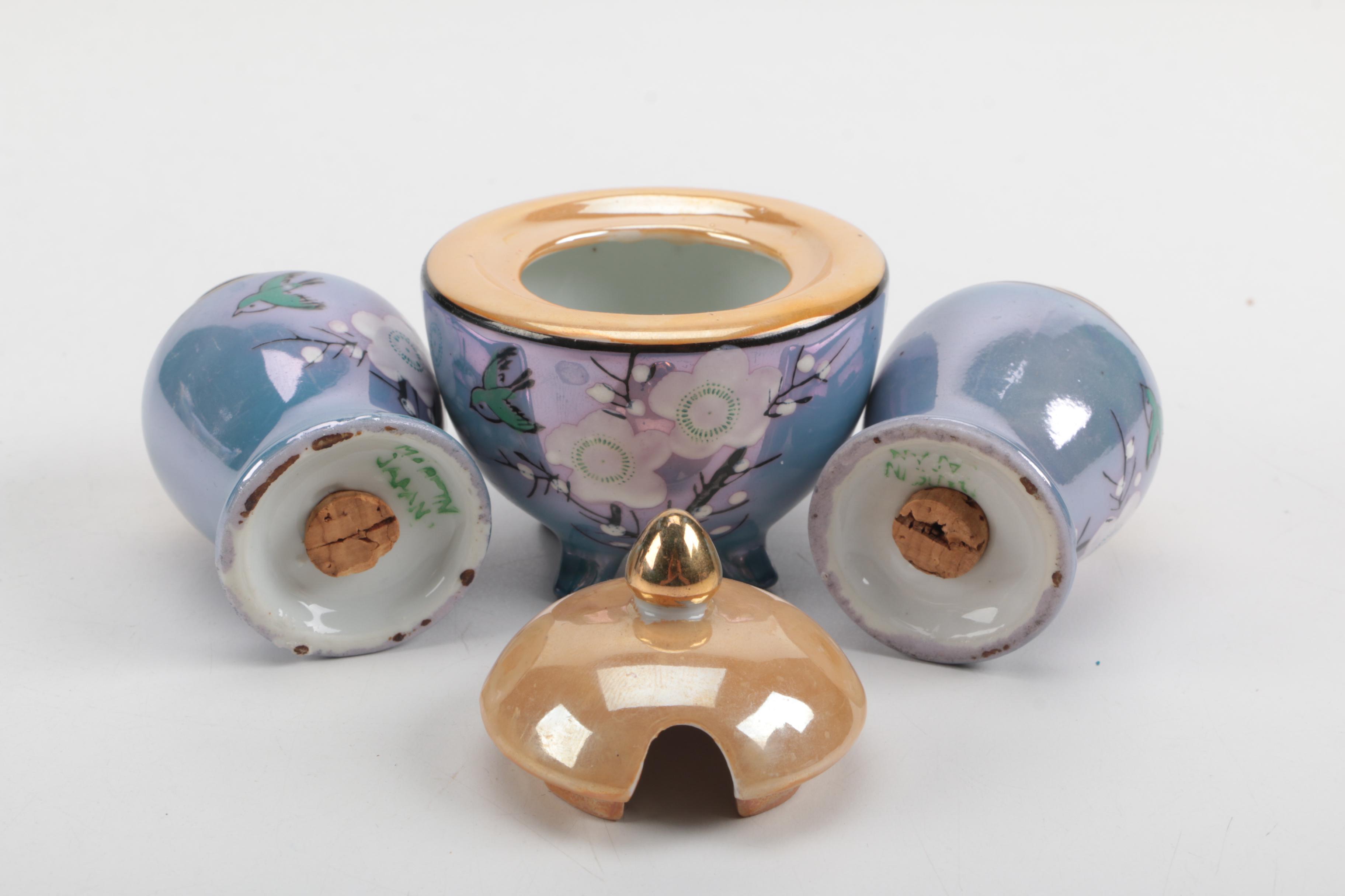 Japanese Cherry Blossom Blue Lustreware Tea Set and Shakers