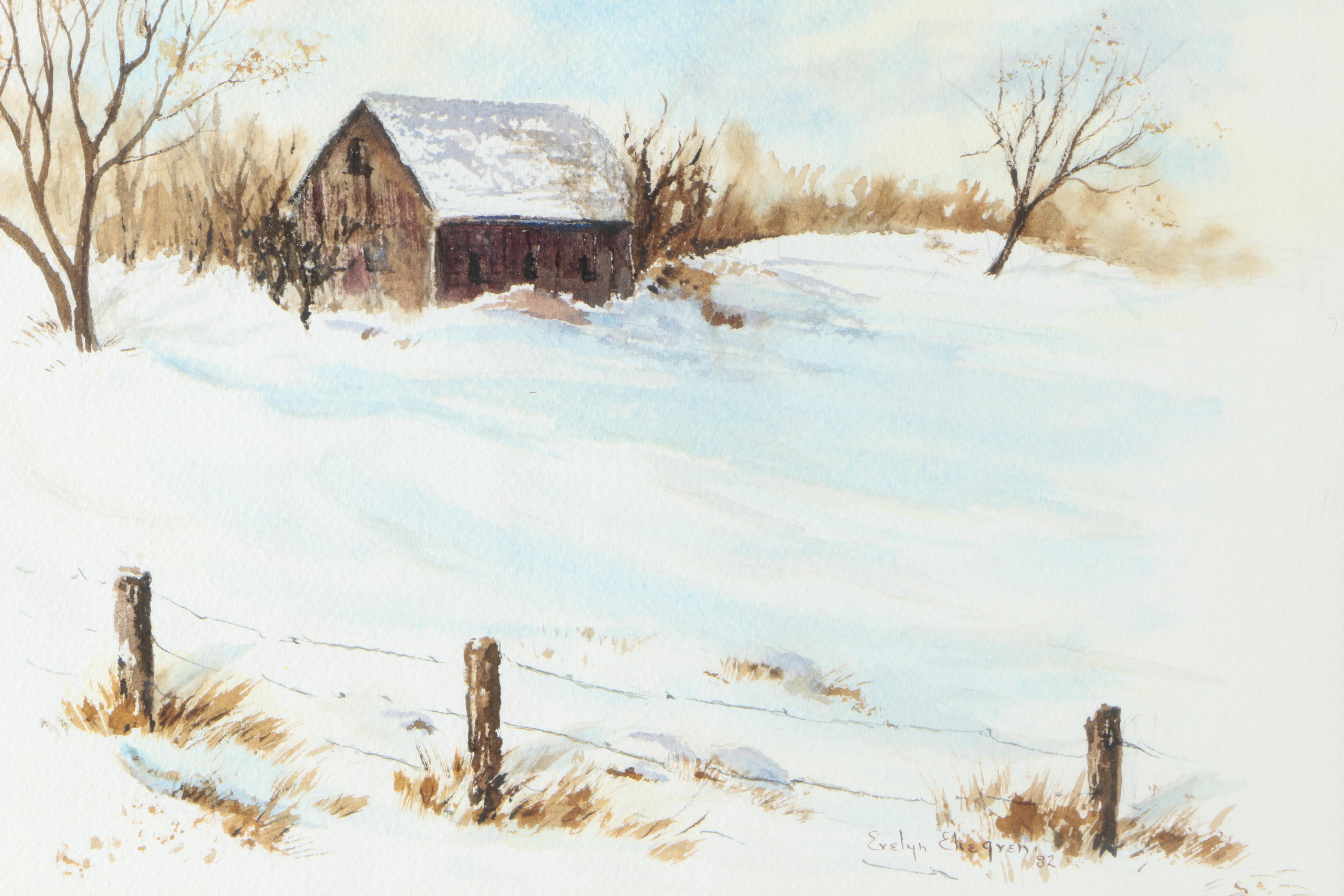 Evelyn Ekegren 1982 Watercolor Painting on Paper of Barn in Winter Landscape