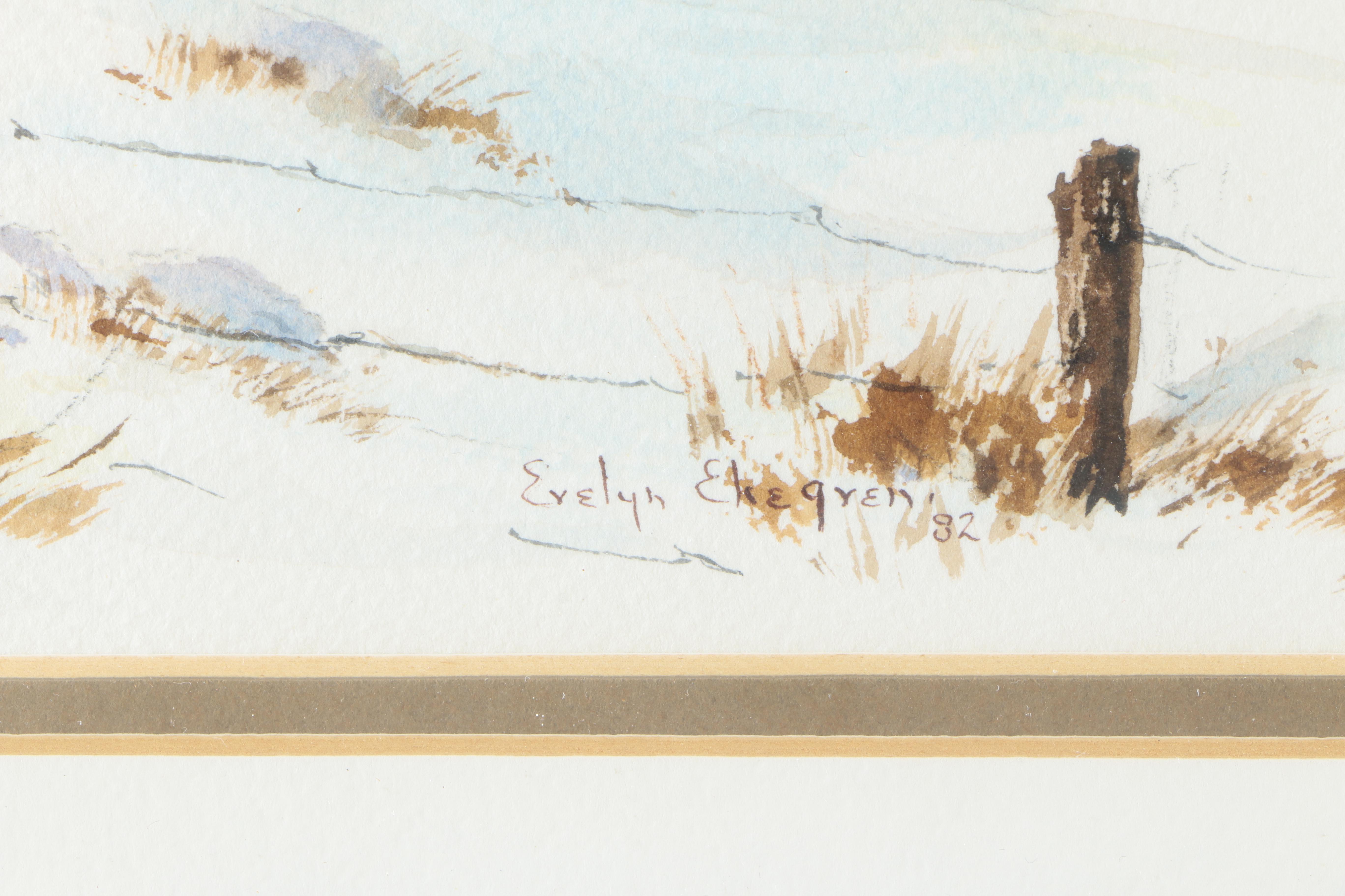 Evelyn Ekegren 1982 Watercolor Painting on Paper of Barn in Winter Landscape