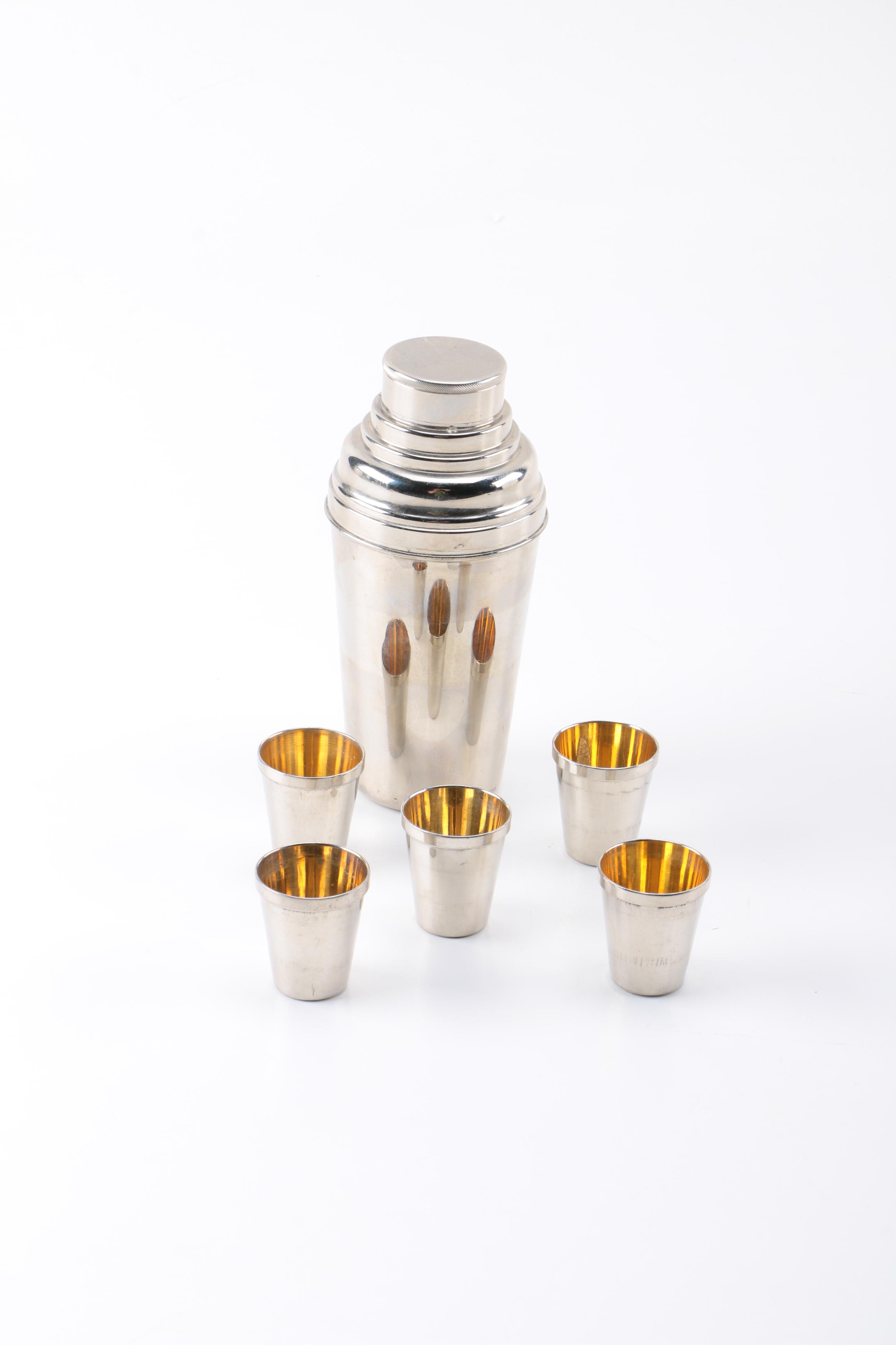 German Art Deco Cocktail Shaker and Shot Glasses