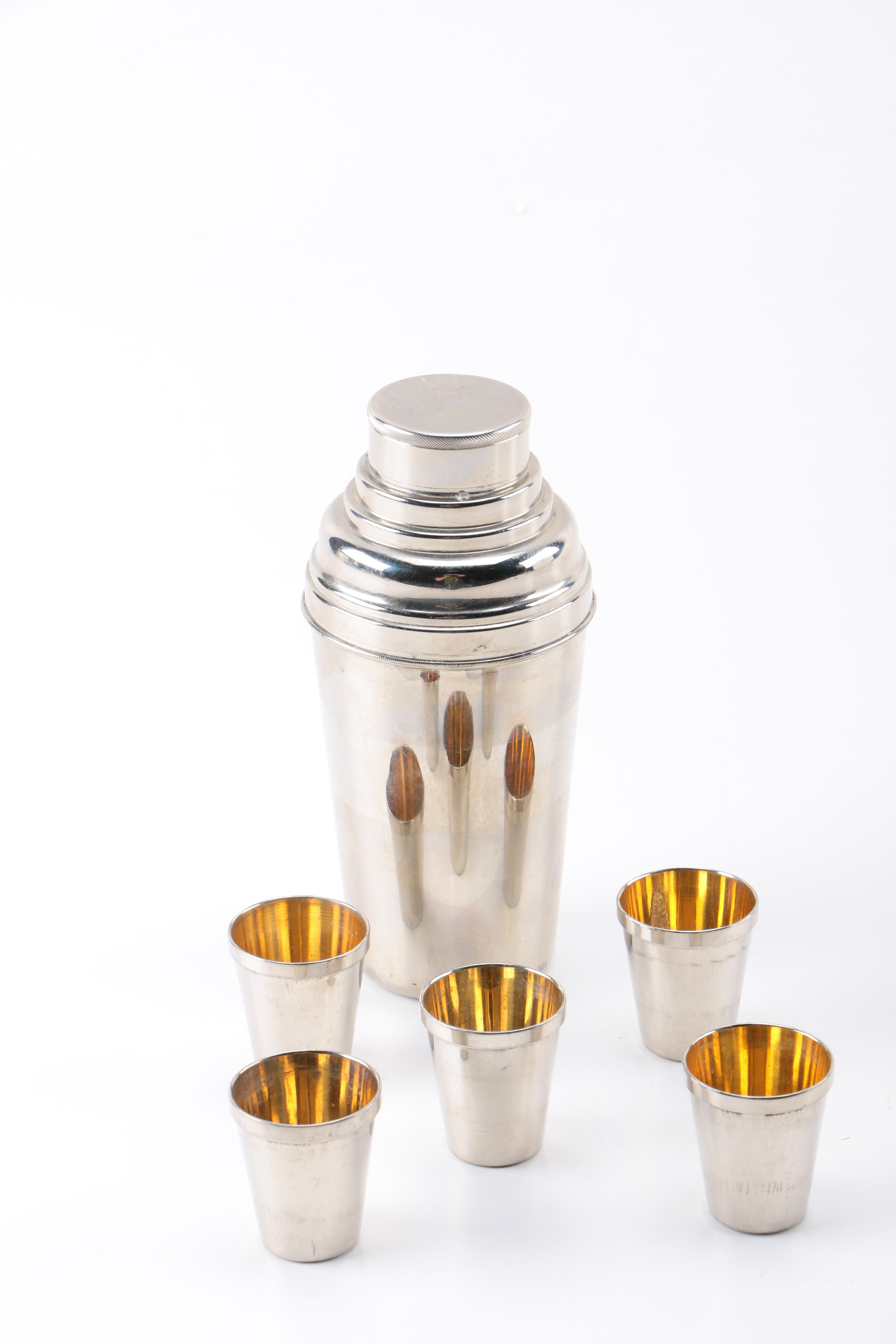 German Art Deco Cocktail Shaker and Shot Glasses