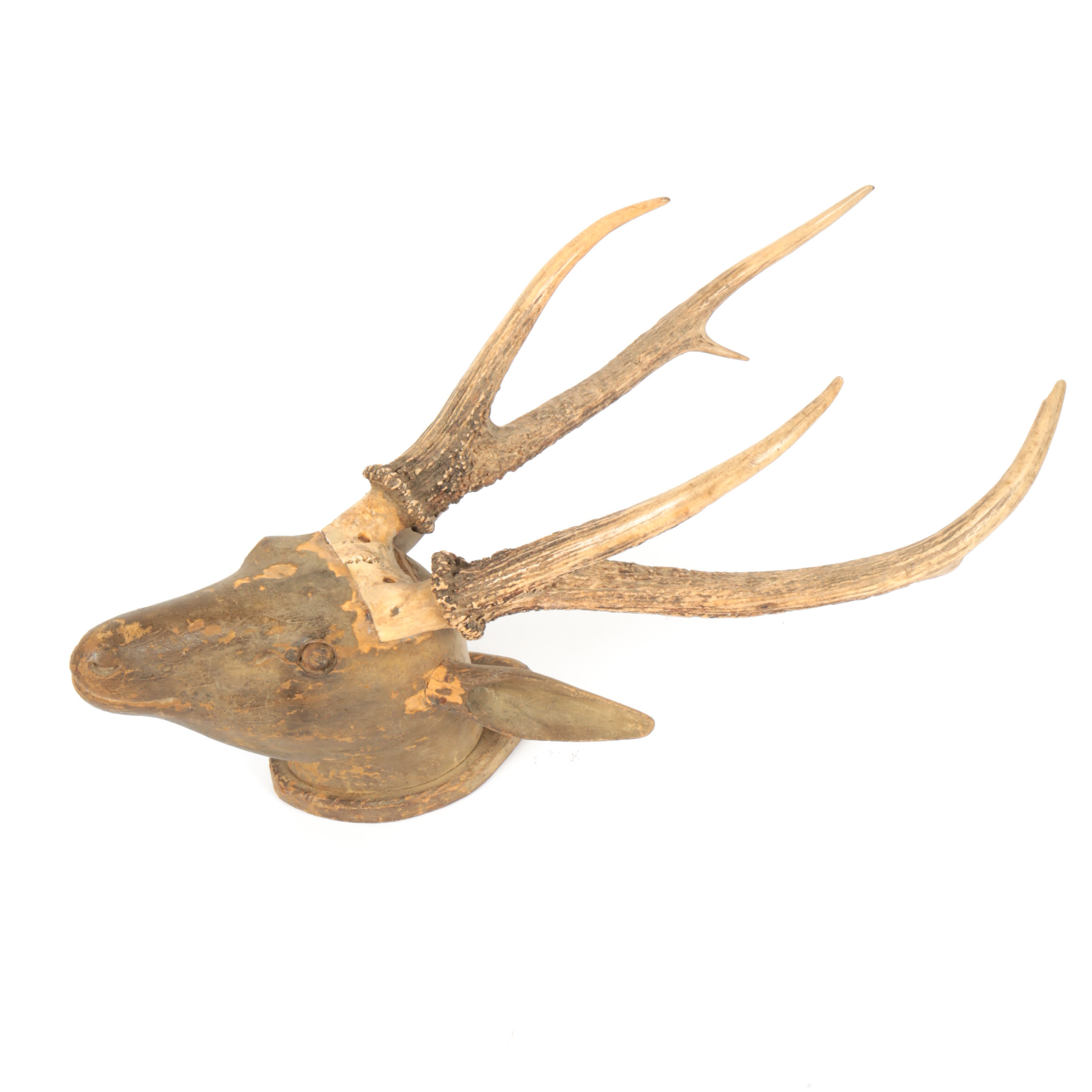 Carved Wood Sculpture with Mounted Deer Antlers