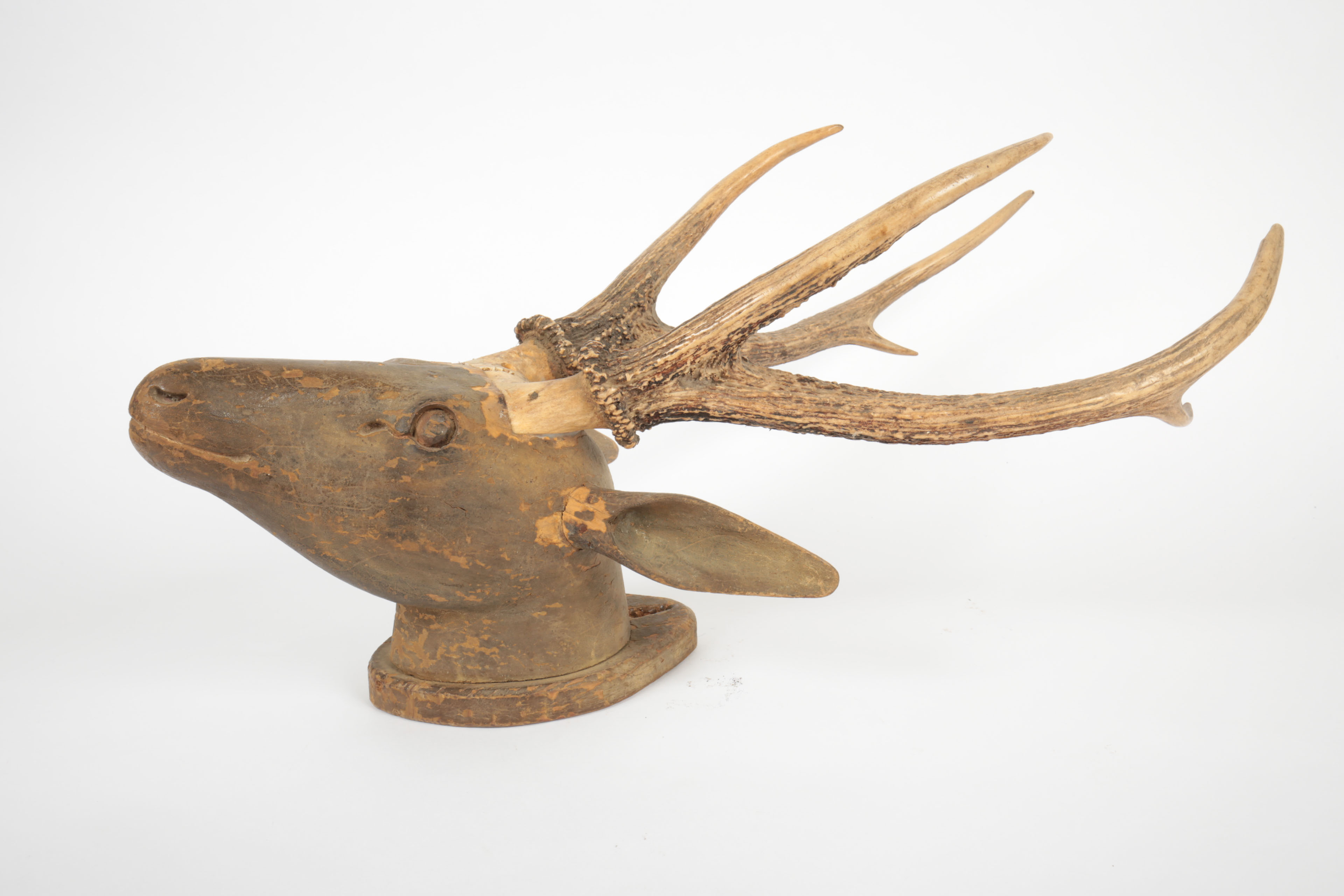 Carved Wood Sculpture with Mounted Deer Antlers
