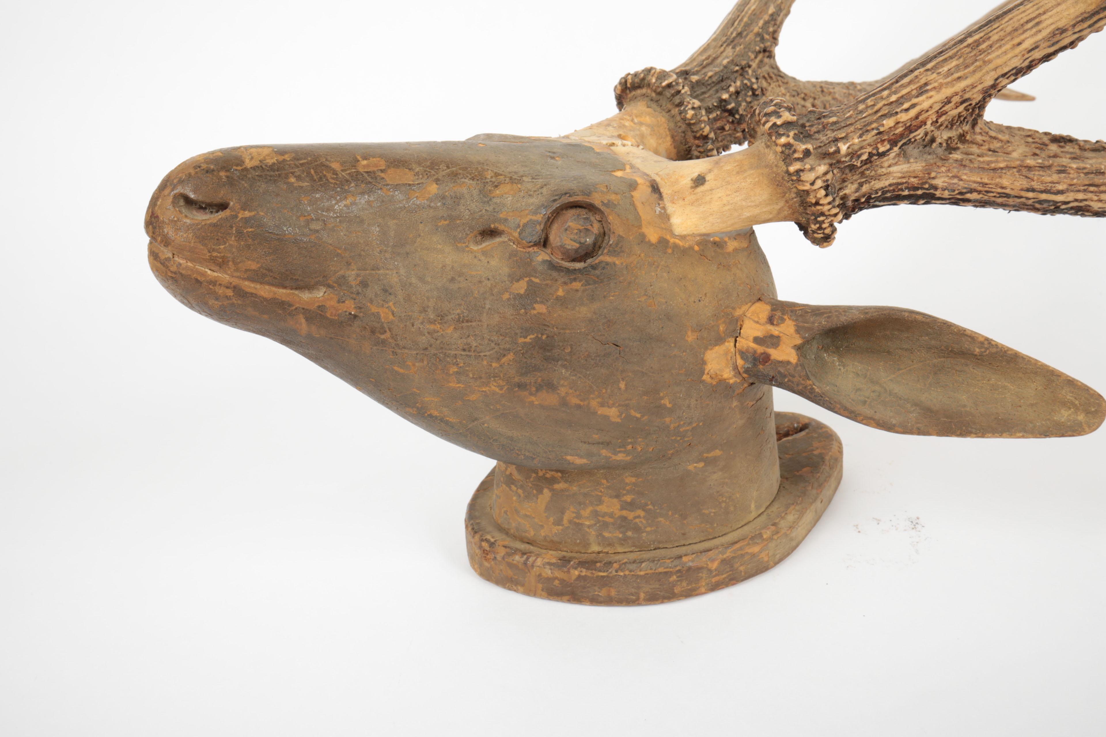 Carved Wood Sculpture with Mounted Deer Antlers