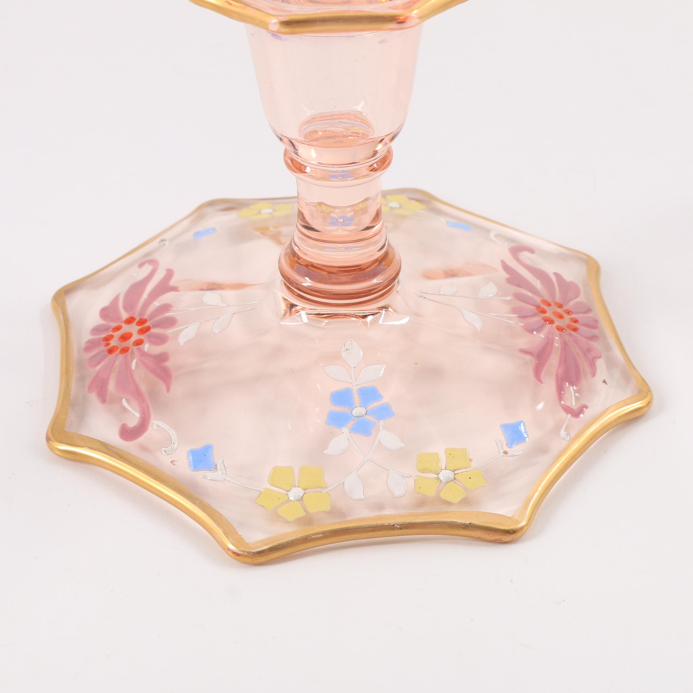 Hand Painted Pink Glass Candlesticks