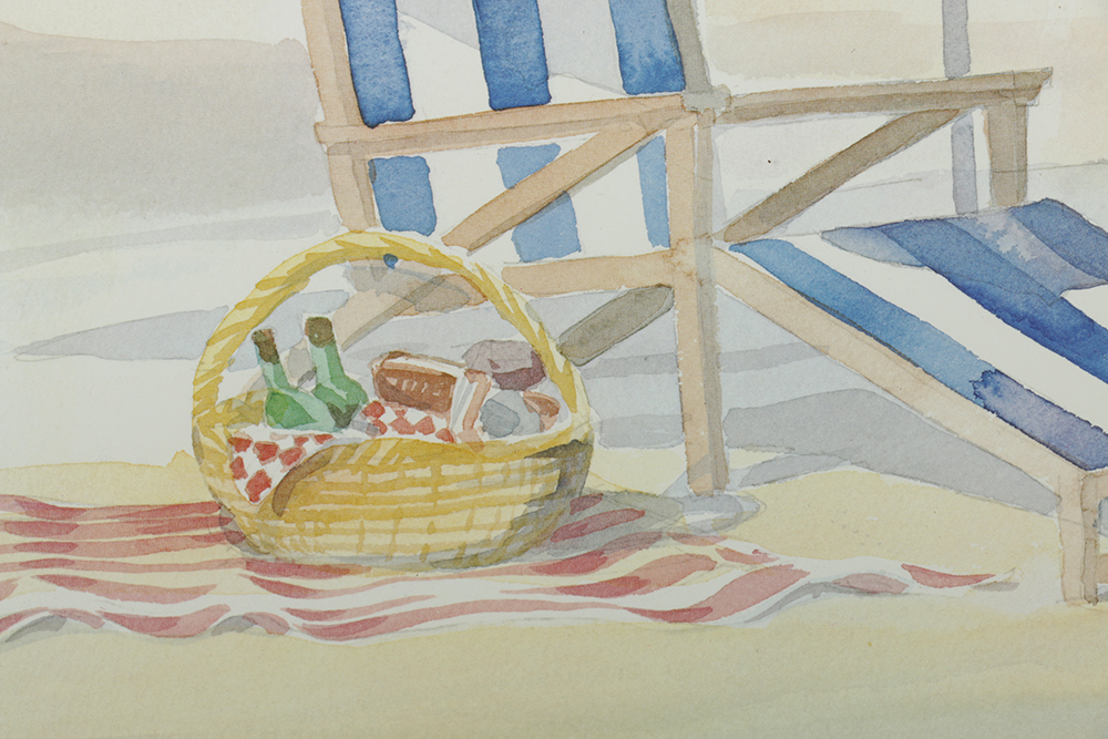 After Leslie Lane Offset Lithograph on Paper "Beach Scene with Lighthouse"