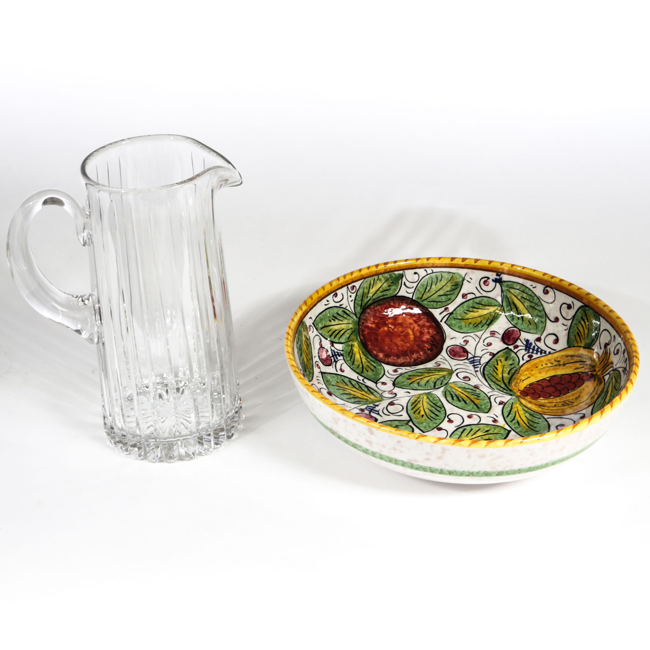 Italian Hand-Painted Ceramic Pasta Bowl and Crystal Pitcher