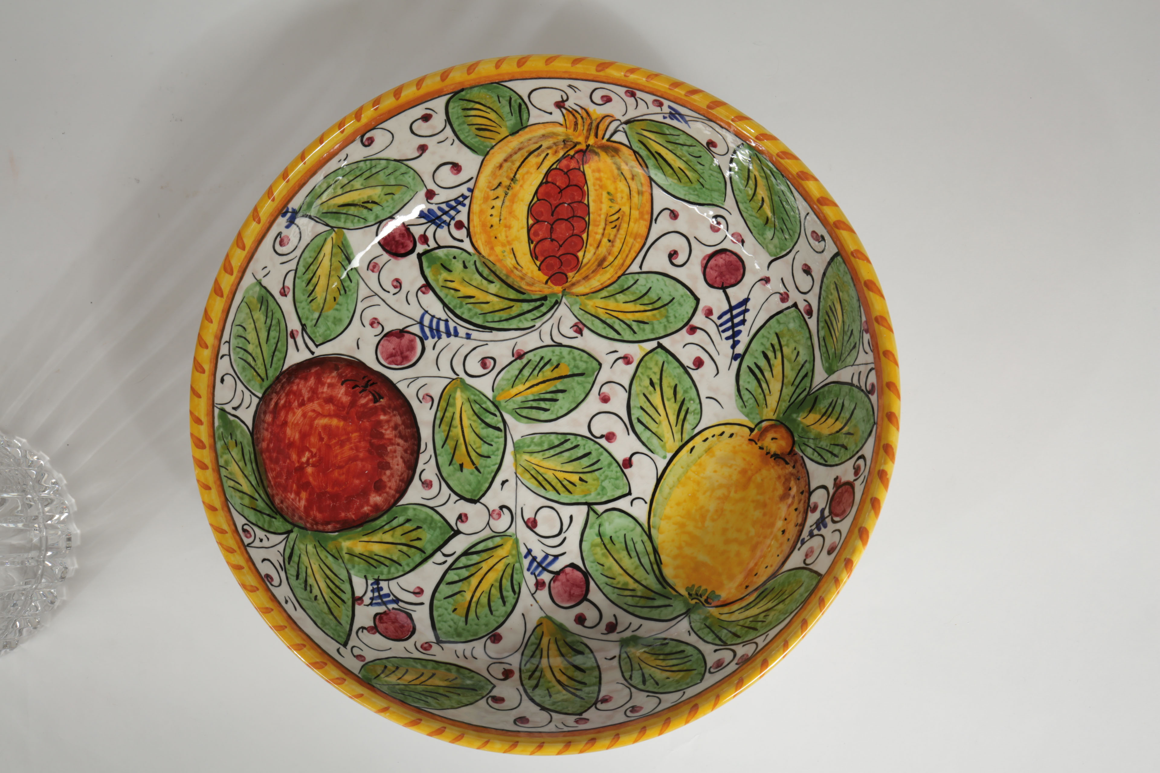 Italian Hand-Painted Ceramic Pasta Bowl and Crystal Pitcher