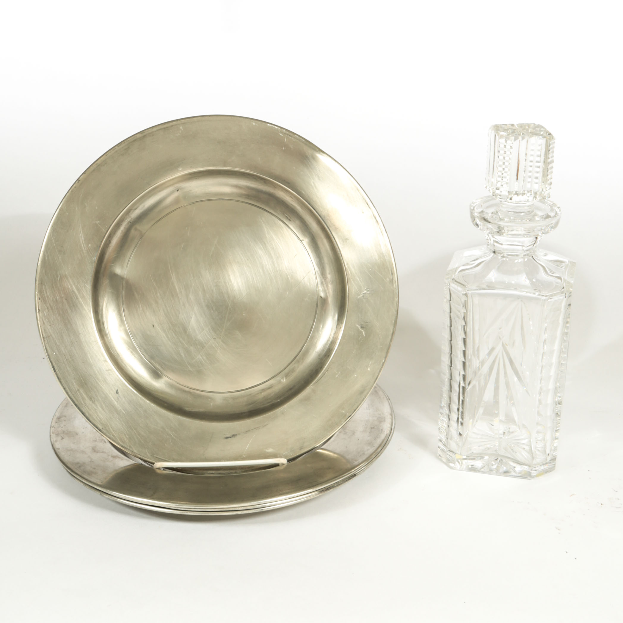 Waterford Crystal Square Decanter and Silver Tone Trays