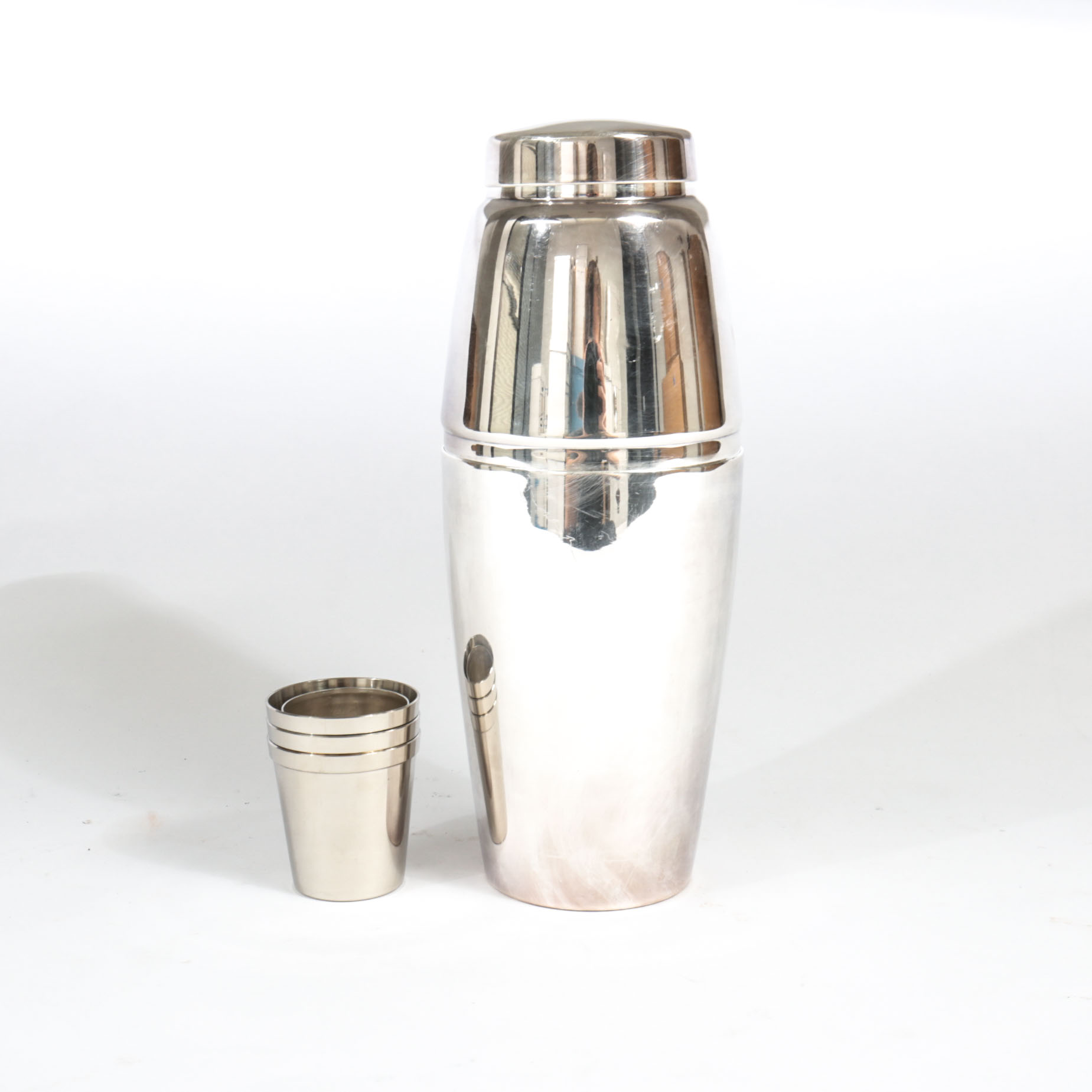 Silver-Plated Cocktail Shaker and Silver Tone Shot Glasses