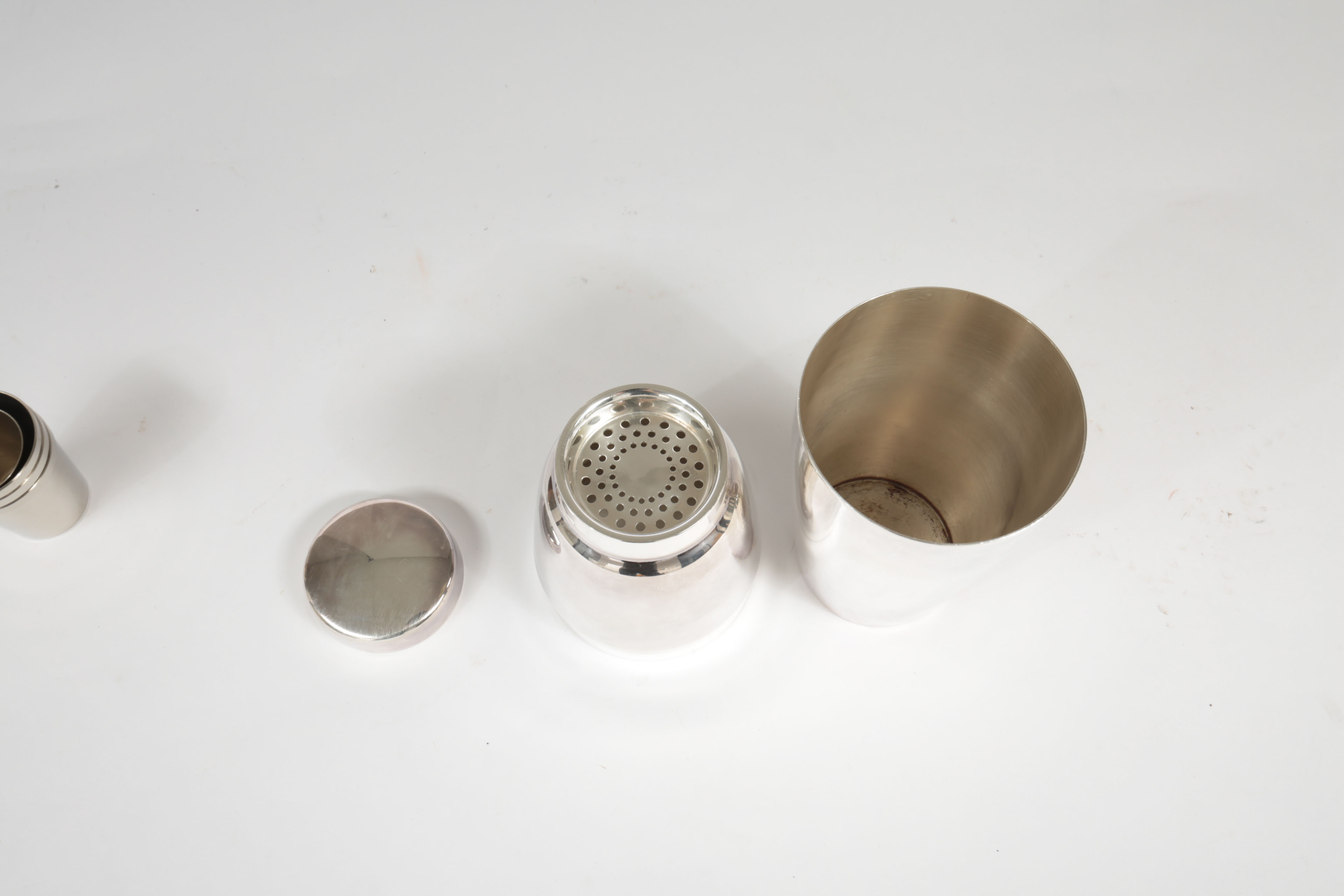 Silver-Plated Cocktail Shaker and Silver Tone Shot Glasses