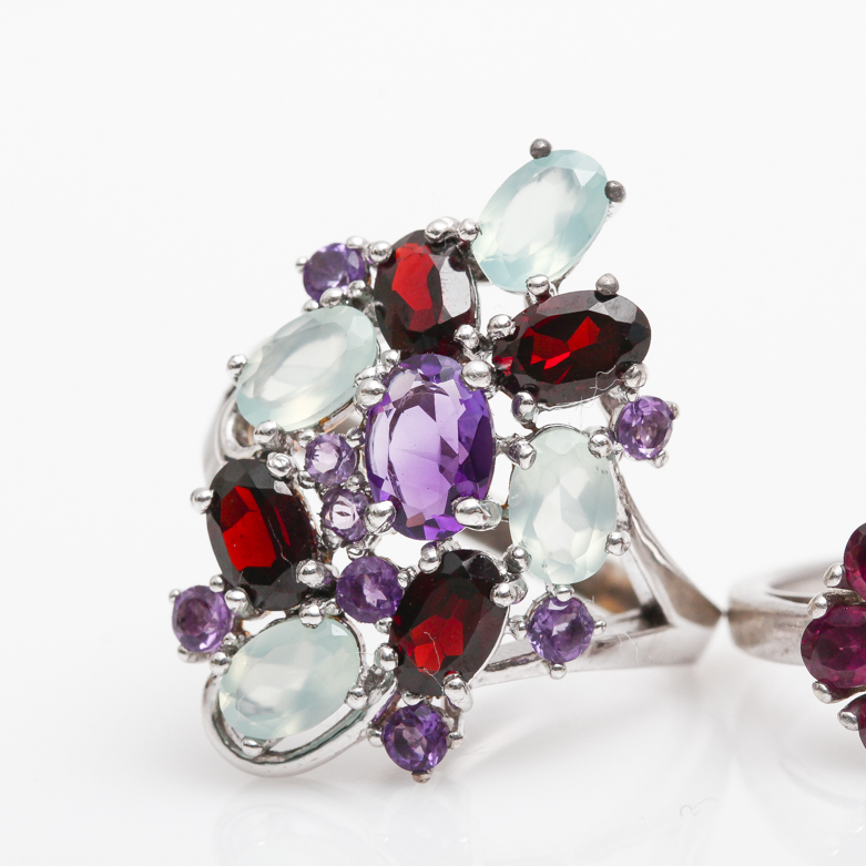 Sterling Silver, Amethyst, Blue Carnelian, and Garnet Rings