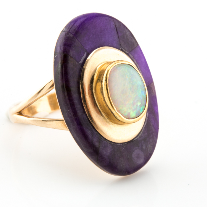 Michael Rogers Paiute 14K Yellow Gold Opal and Sugilite Inlay Ring