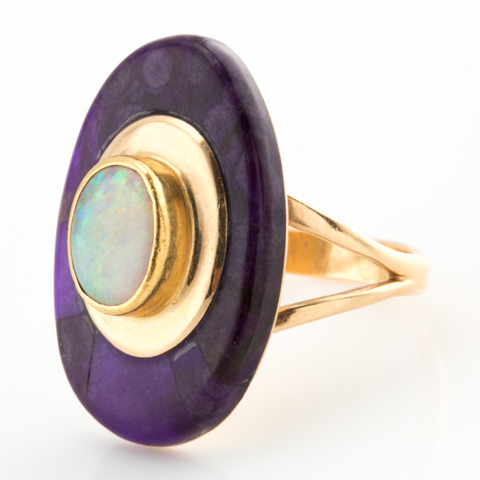 Michael Rogers Paiute 14K Yellow Gold Opal and Sugilite Inlay Ring