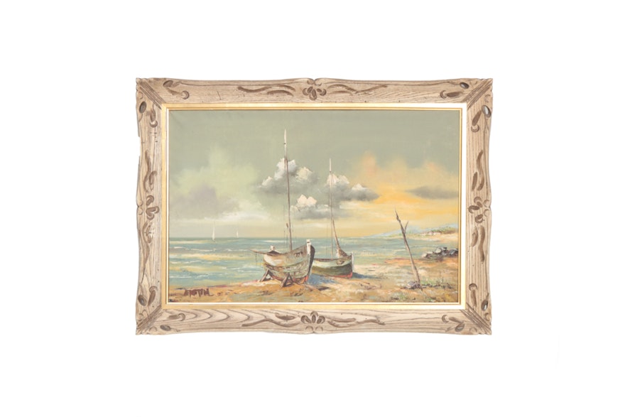 Framed Oil on Canvas "Sailboats on the Shore" By Delbert "Duke" Eastin