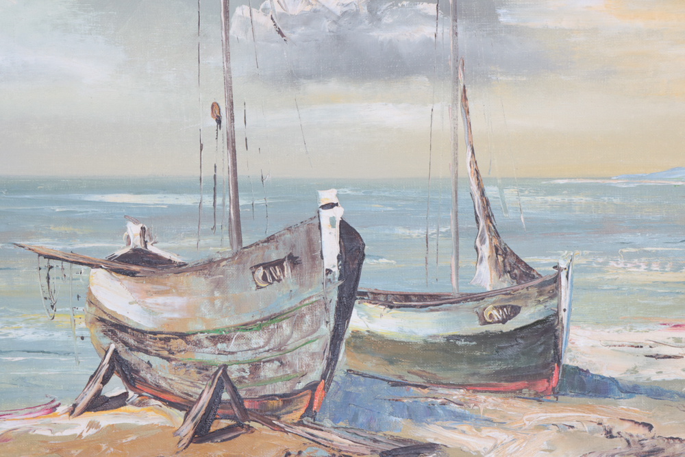Framed Oil on Canvas "Sailboats on the Shore" By Delbert "Duke" Eastin