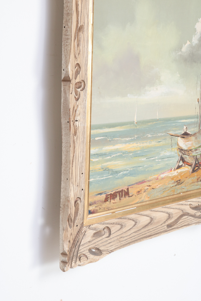 Framed Oil on Canvas "Sailboats on the Shore" By Delbert "Duke" Eastin