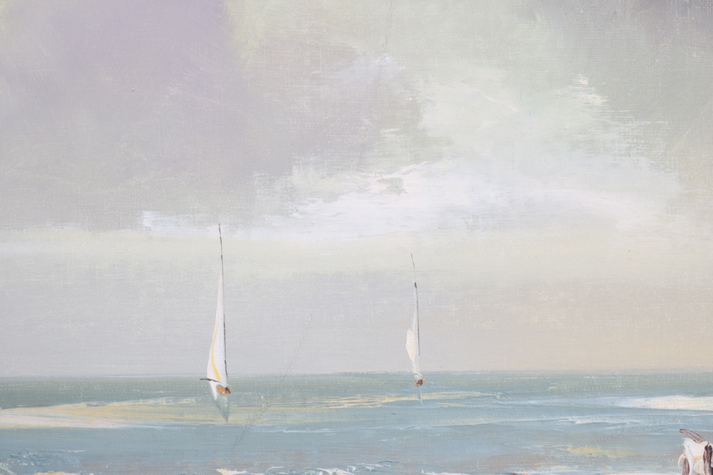 Framed Oil on Canvas "Sailboats on the Shore" By Delbert "Duke" Eastin