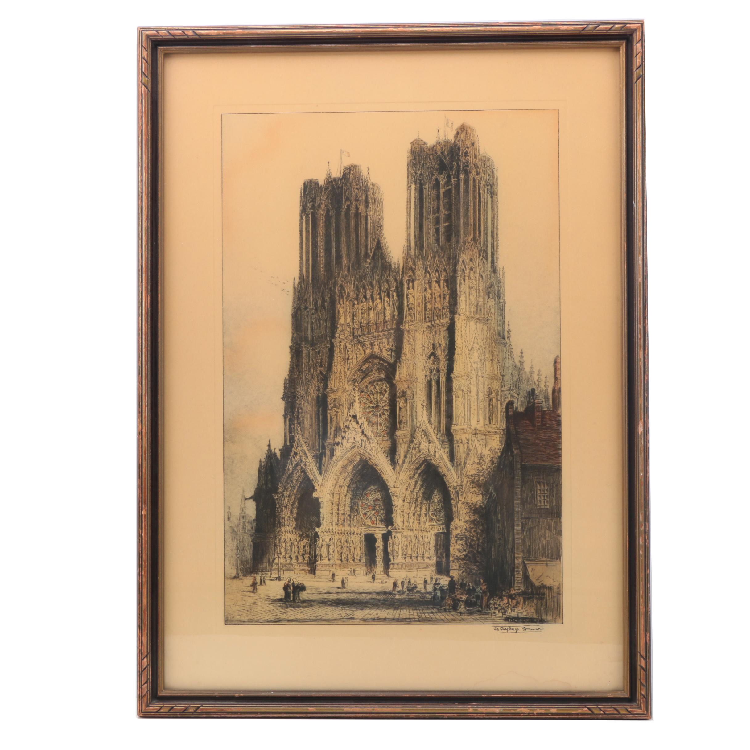 Reproduction Print After James Alphege Brewer's "Rheims Cathedral (West Front)"