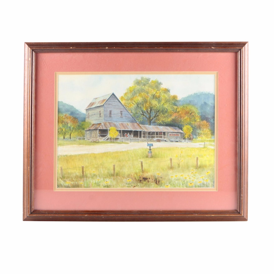 Raymond E. Collins 1979 Watercolor Painting on Paper of Landscape With Barn