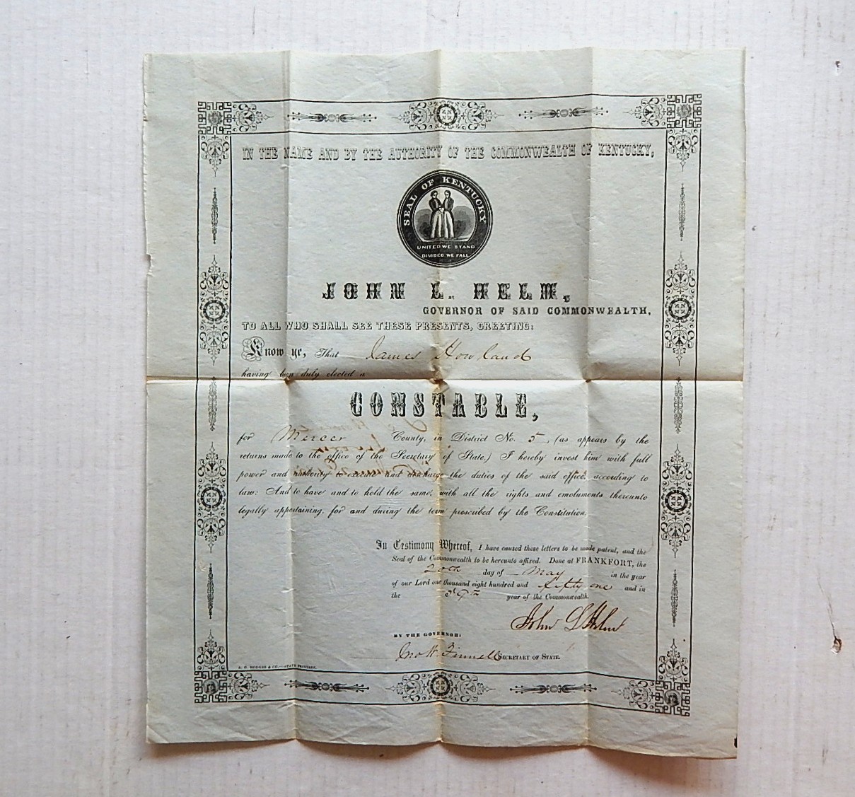 1851 Ephemera from Mercer County Kentucky