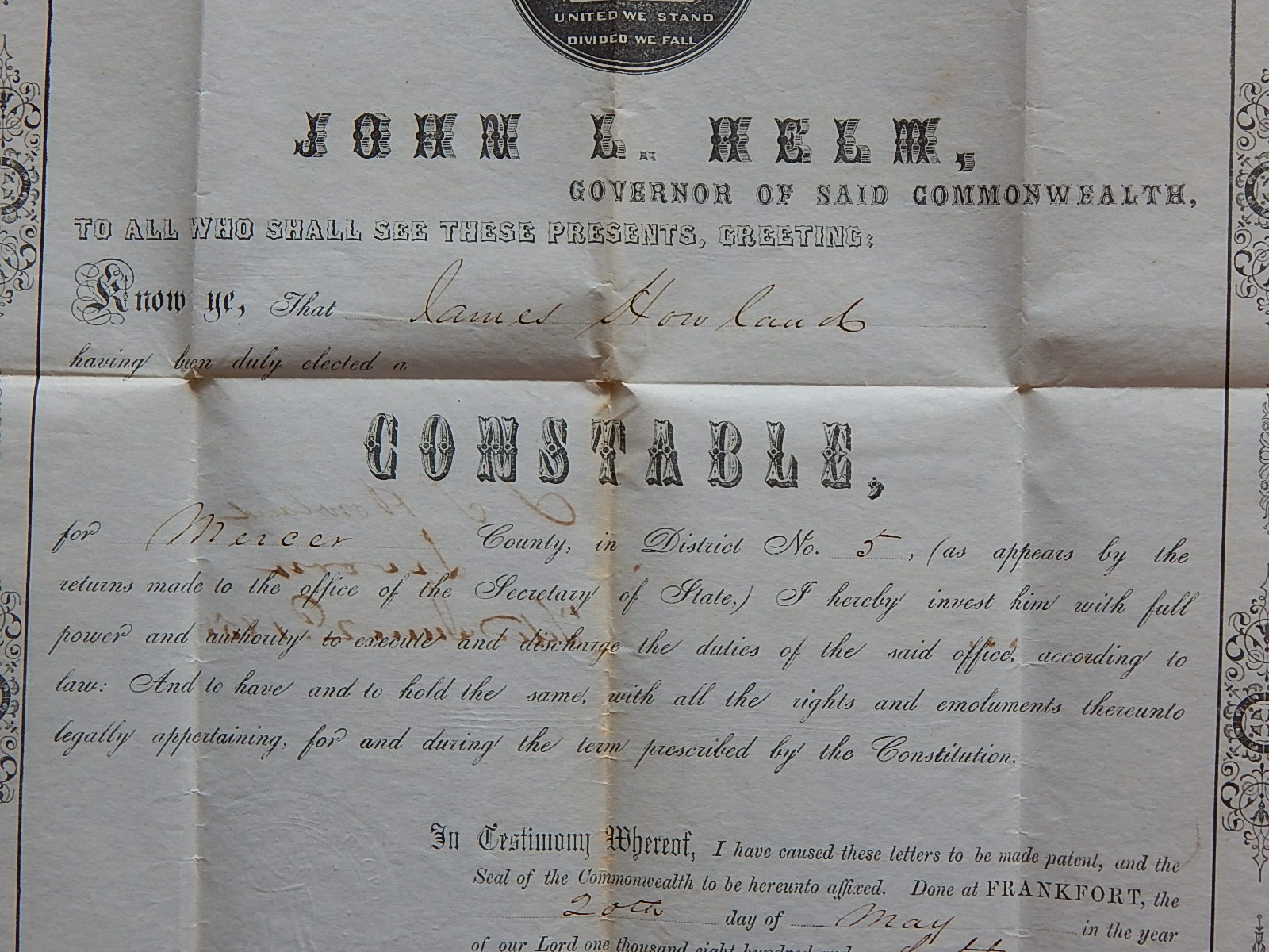 1851 Ephemera from Mercer County Kentucky