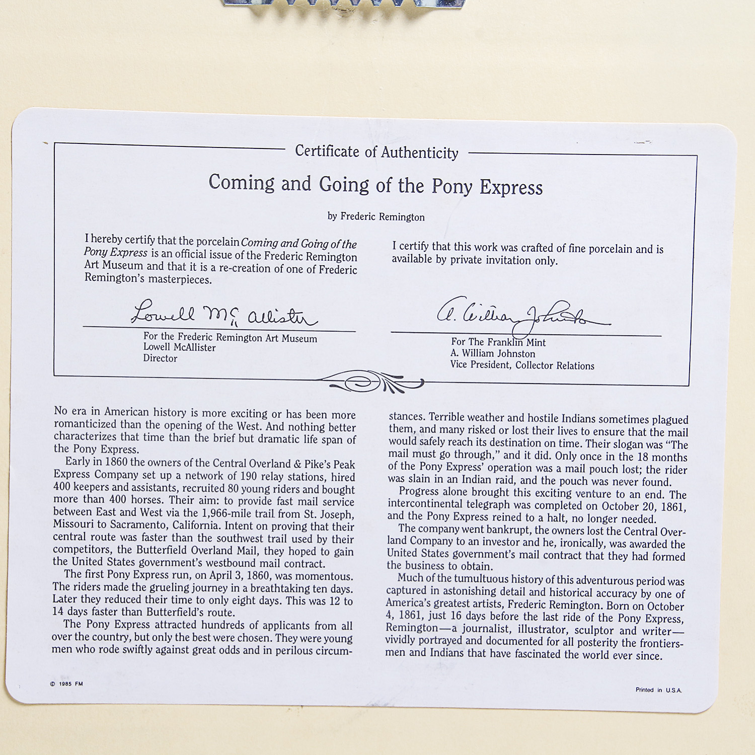 After Frederic Remington Offset Lithograph "Coming and Going..."