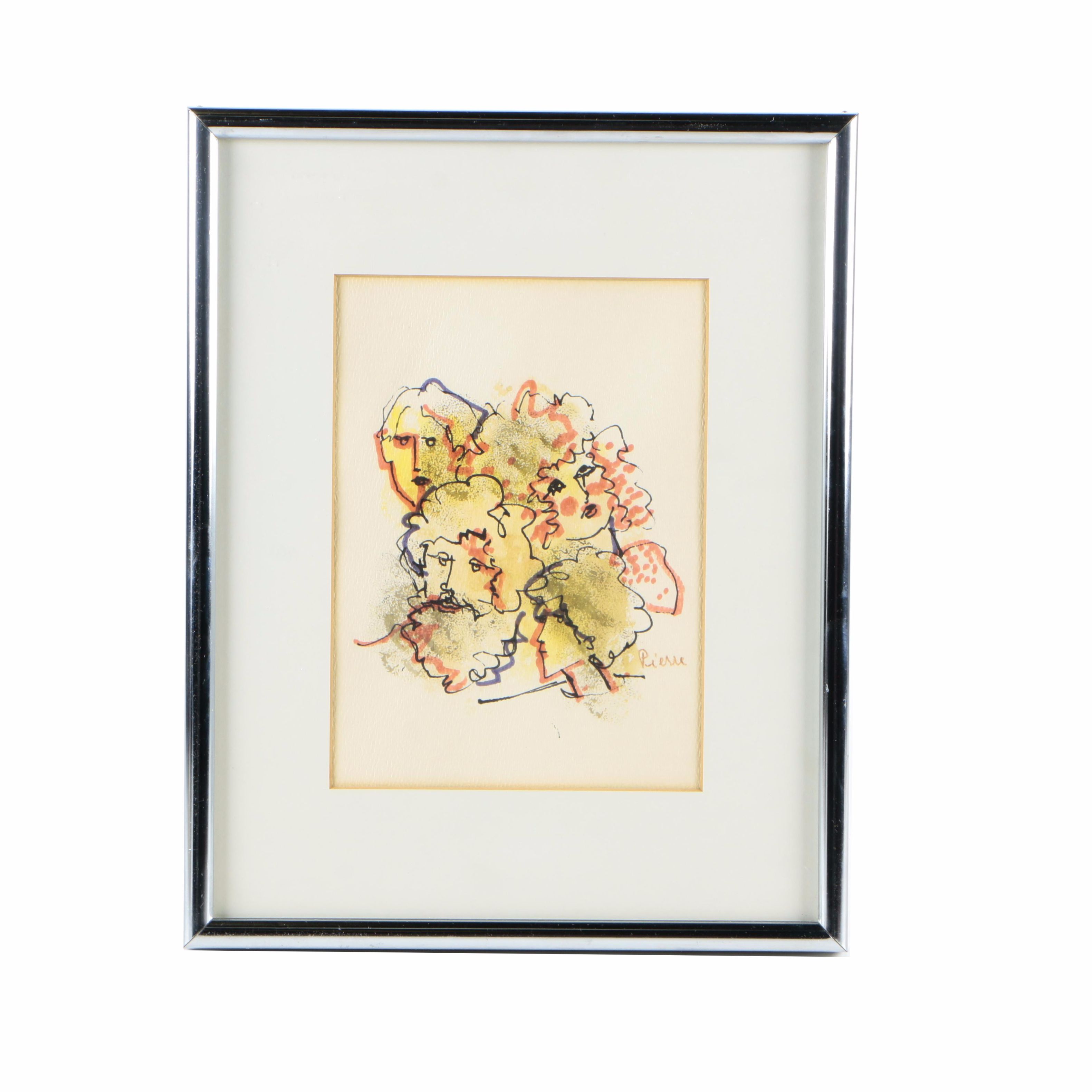 Ink and Watercolor Painting on Paper "Crowd"