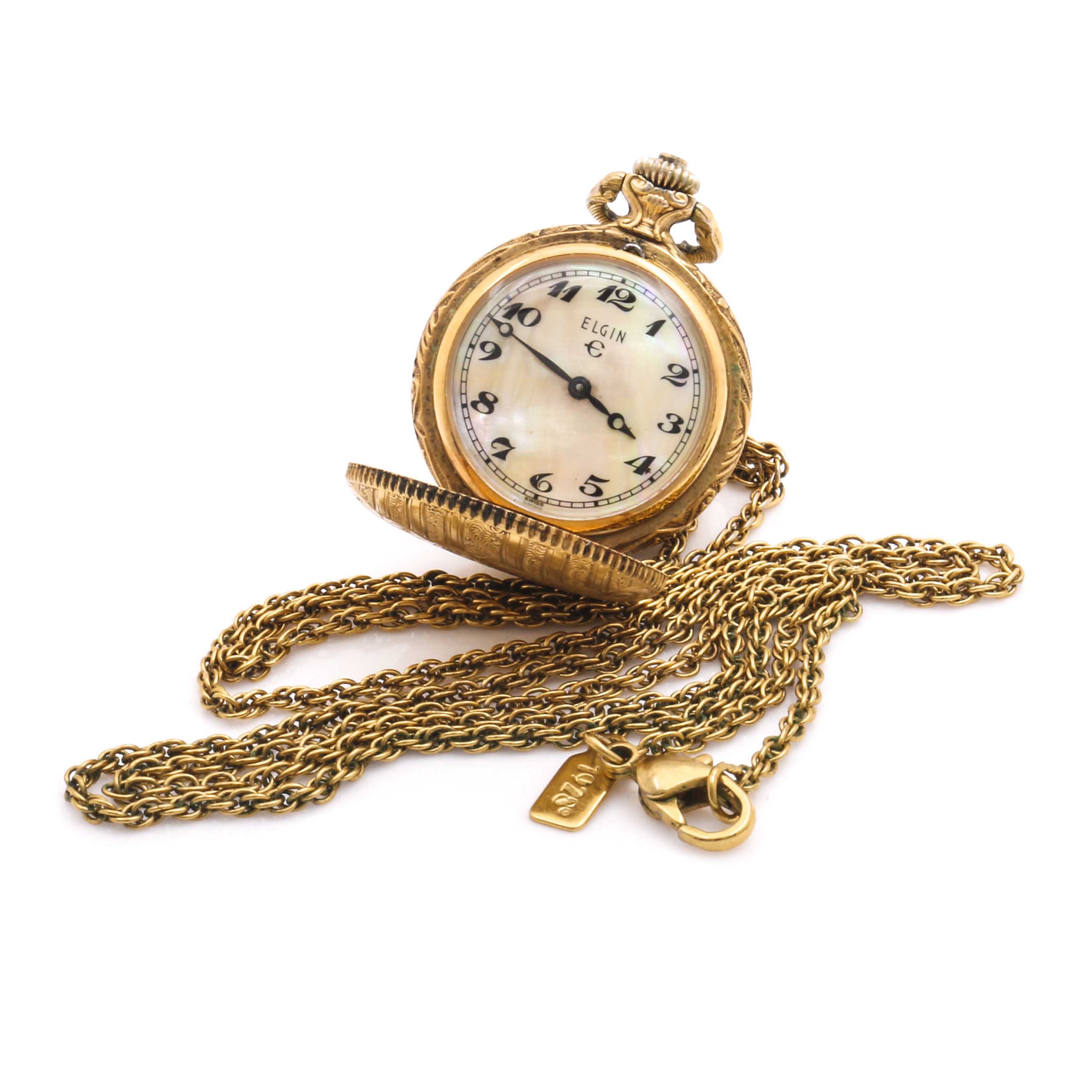 Elgin Gold Tone Mother of Pearl Pendant Watch