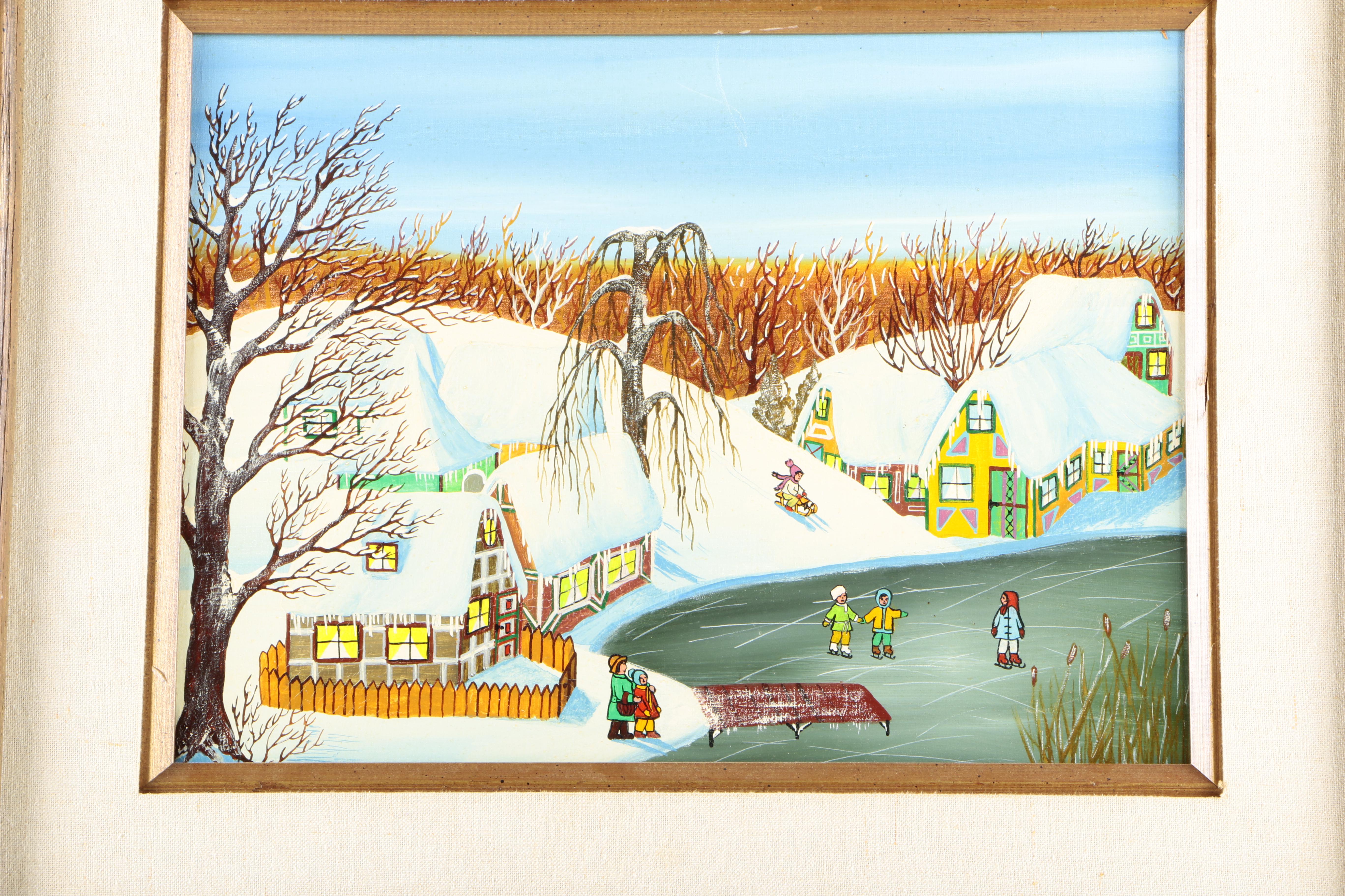 Pair of A. Kowalski Naive Oil Paintings on Canvas