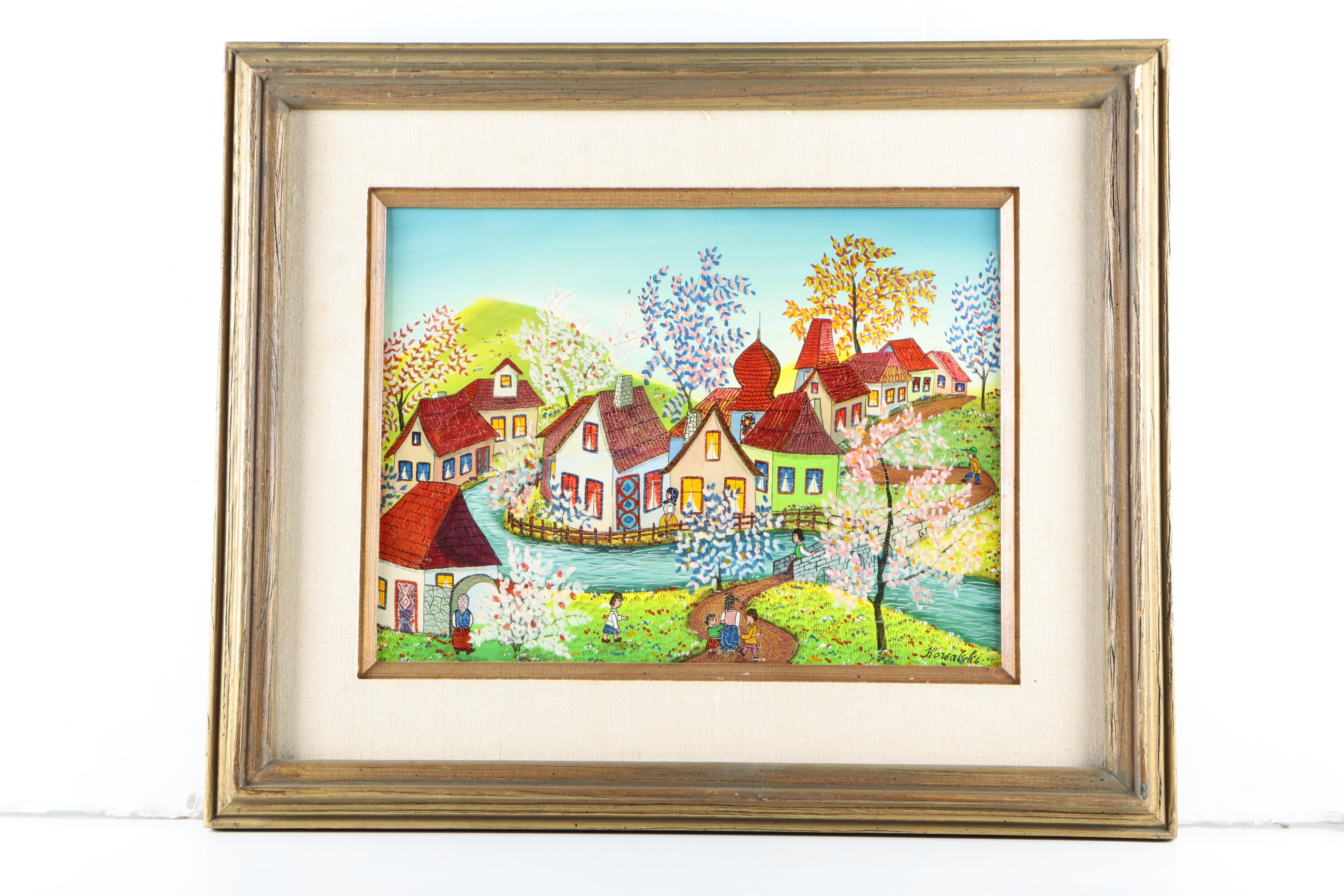 Pair of A. Kowalski Naive Oil Paintings on Canvas