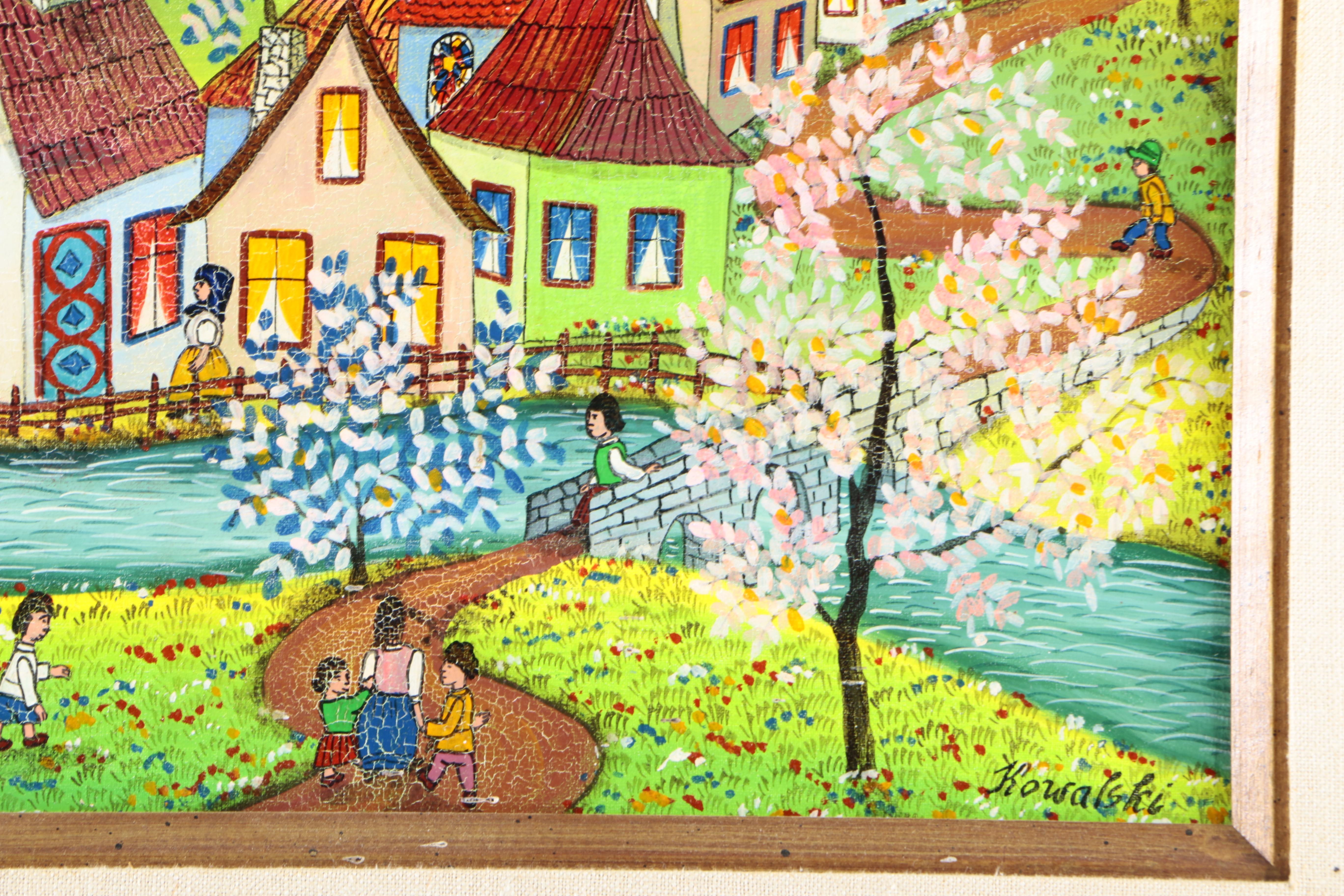 Pair of A. Kowalski Naive Oil Paintings on Canvas