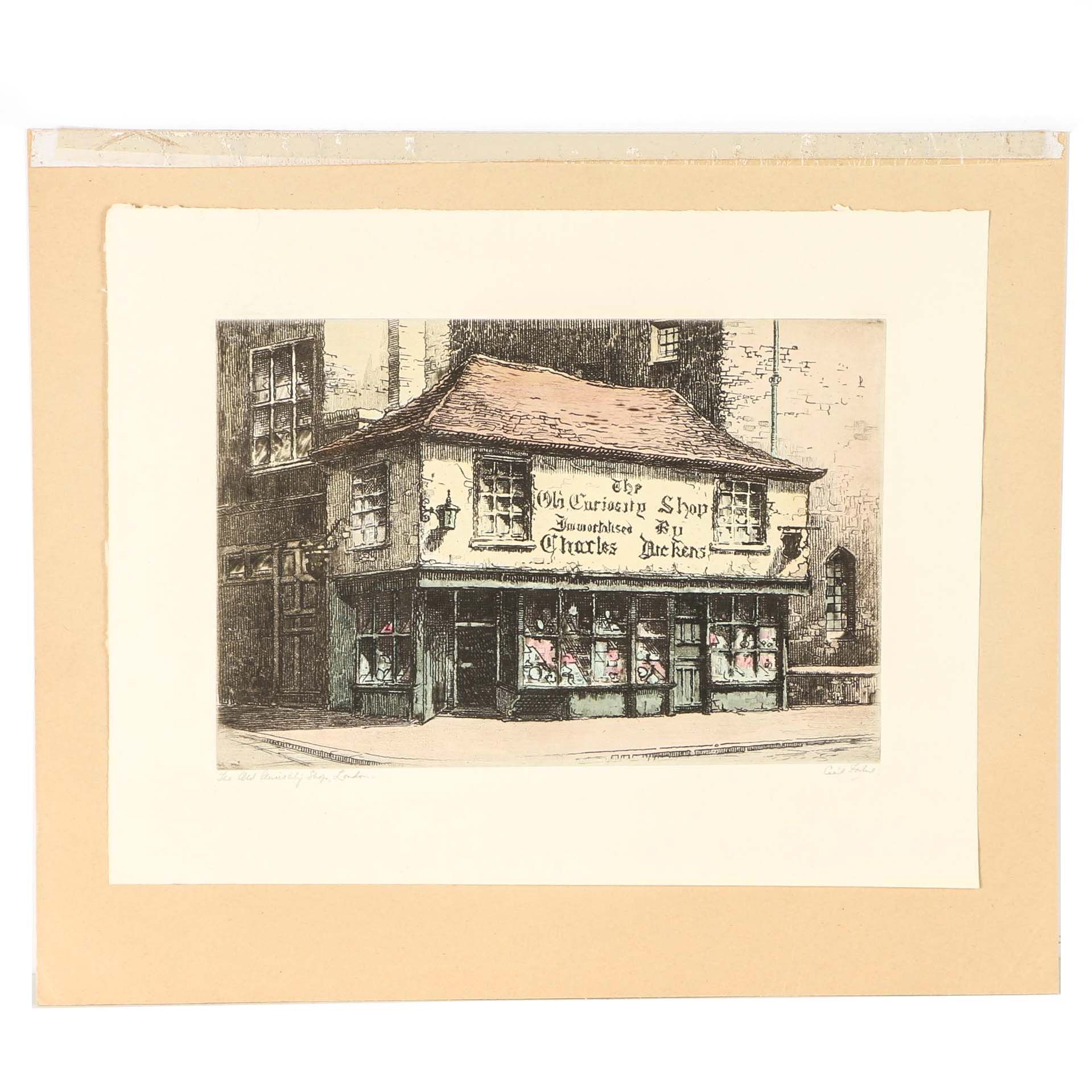 Cecil Forbes Hand-Colored Etching "The Old Curiosity Shop, London"