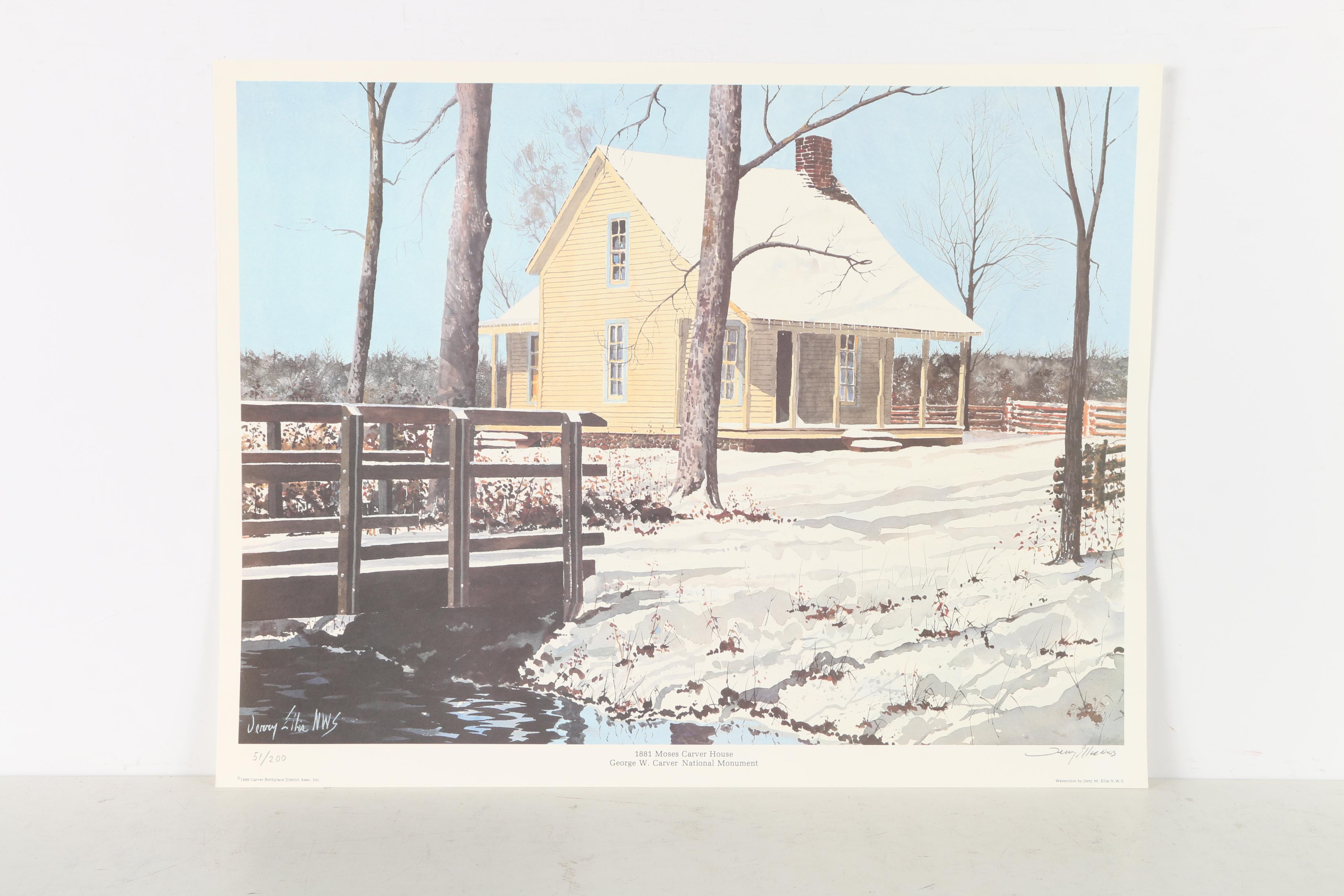 Jerry M. Ellis Limited Edition Signed Offset LIthograph "1881 Moses Carver House" and Ten Assorted Pen and Ink Drawings by Jimmy Gary