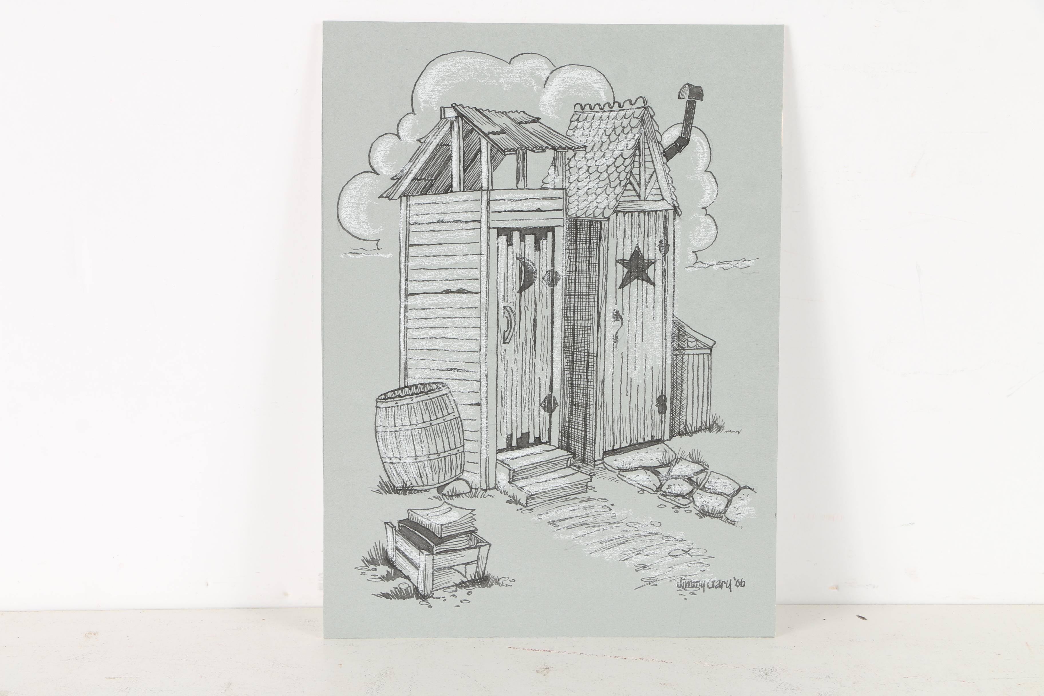 Jerry M. Ellis Limited Edition Signed Offset LIthograph "1881 Moses Carver House" and Ten Assorted Pen and Ink Drawings by Jimmy Gary