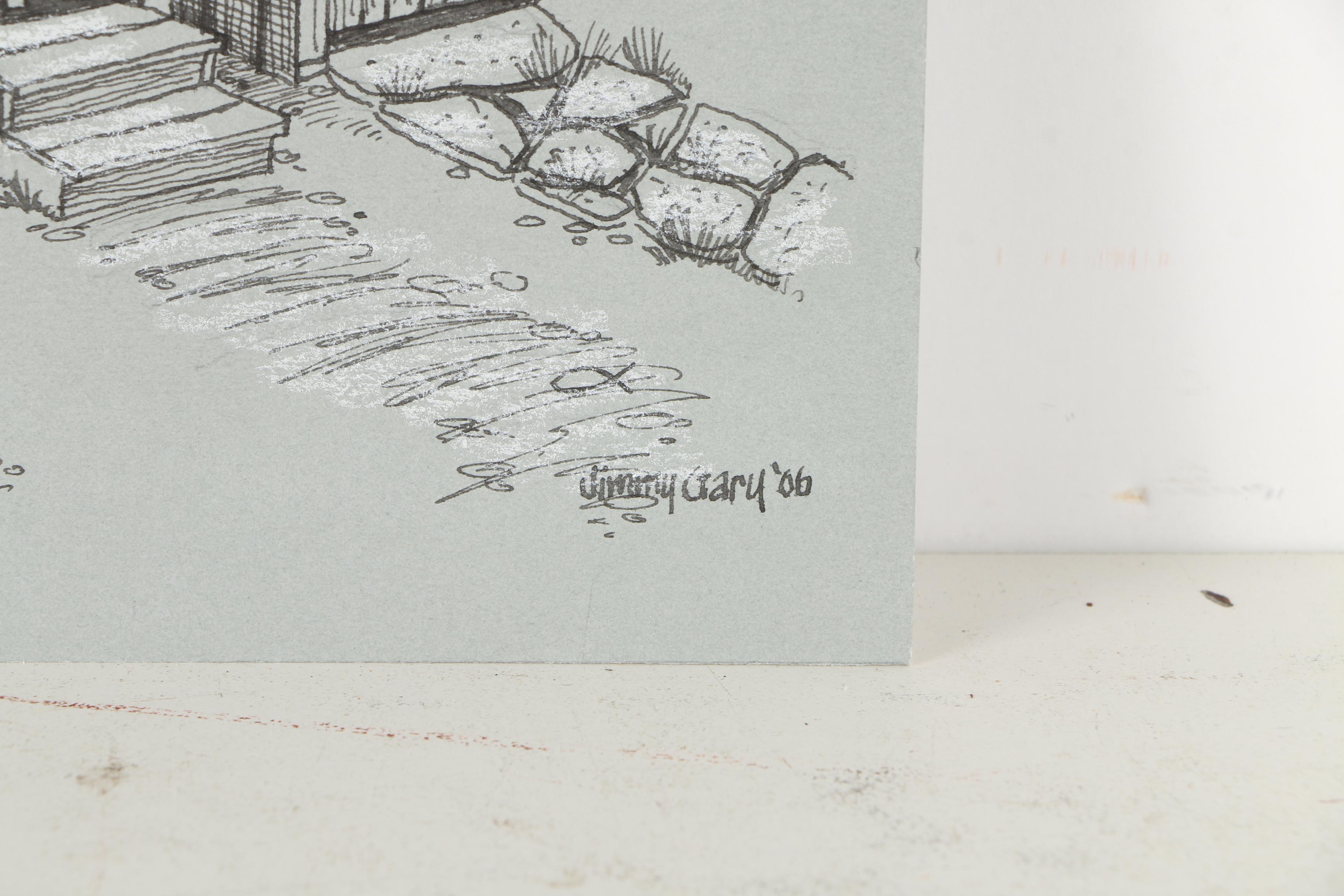 Jerry M. Ellis Limited Edition Signed Offset LIthograph "1881 Moses Carver House" and Ten Assorted Pen and Ink Drawings by Jimmy Gary