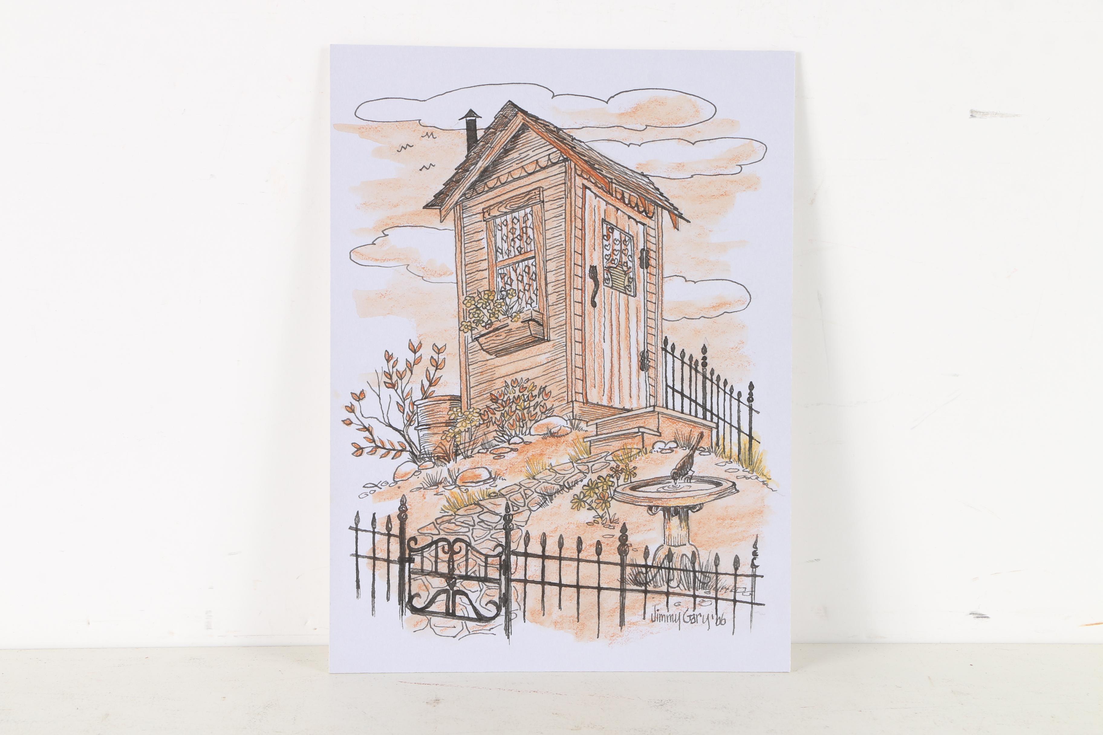 Jerry M. Ellis Limited Edition Signed Offset LIthograph "1881 Moses Carver House" and Ten Assorted Pen and Ink Drawings by Jimmy Gary