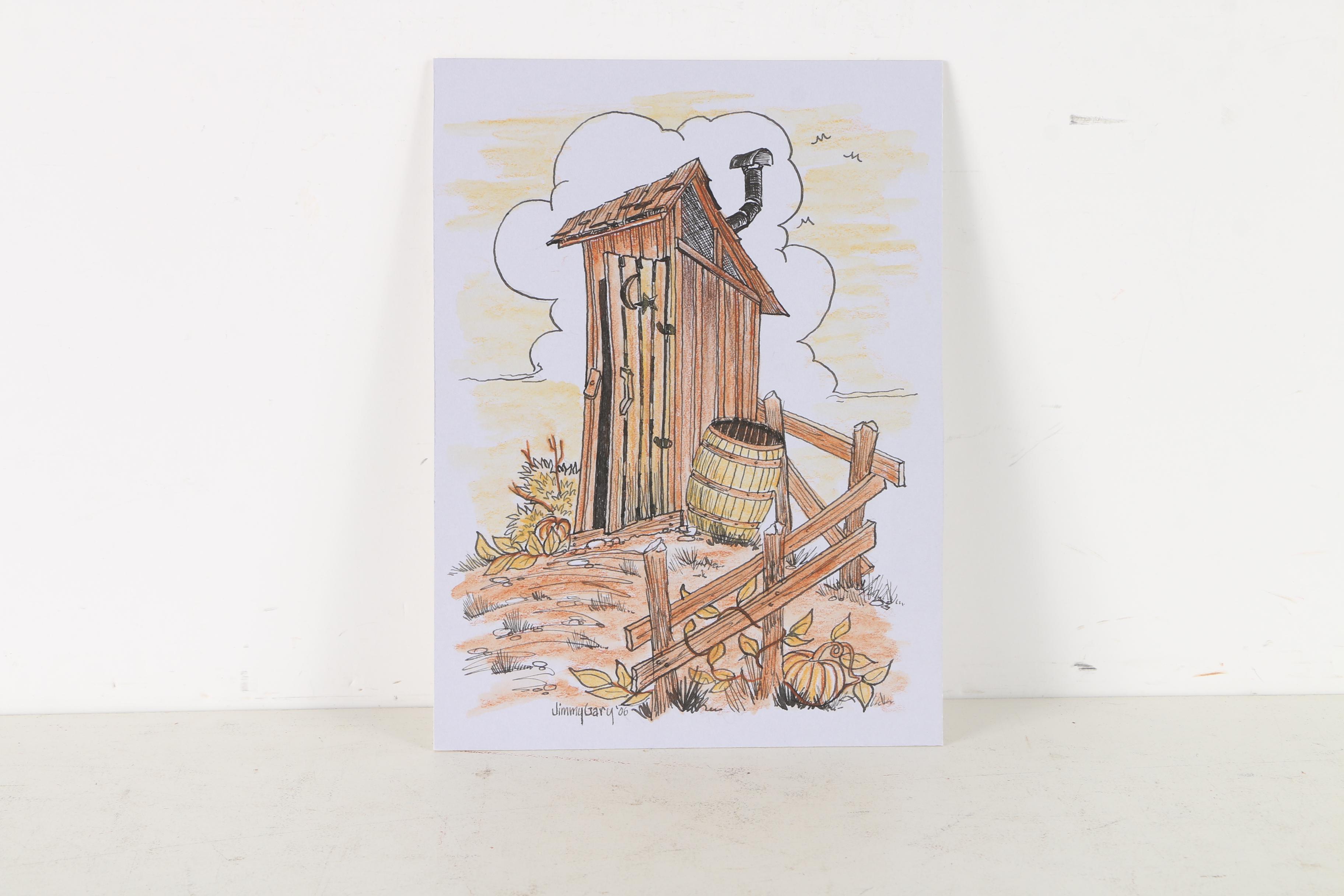 Jerry M. Ellis Limited Edition Signed Offset LIthograph "1881 Moses Carver House" and Ten Assorted Pen and Ink Drawings by Jimmy Gary