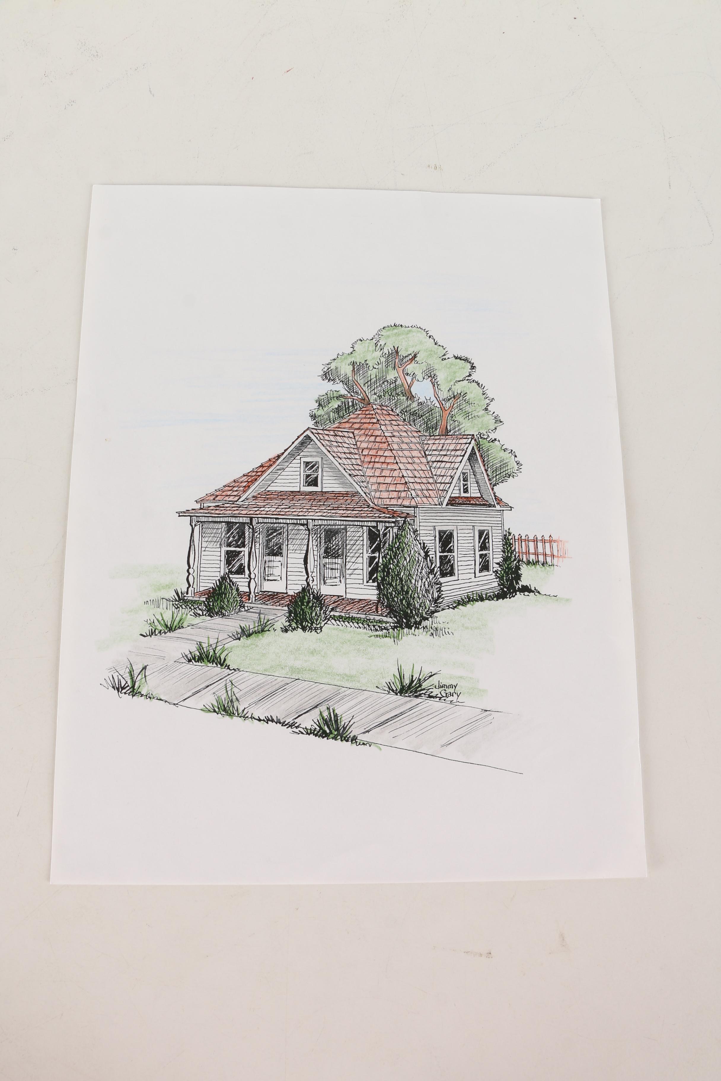 Jerry M. Ellis Limited Edition Signed Offset LIthograph "1881 Moses Carver House" and Ten Assorted Pen and Ink Drawings by Jimmy Gary