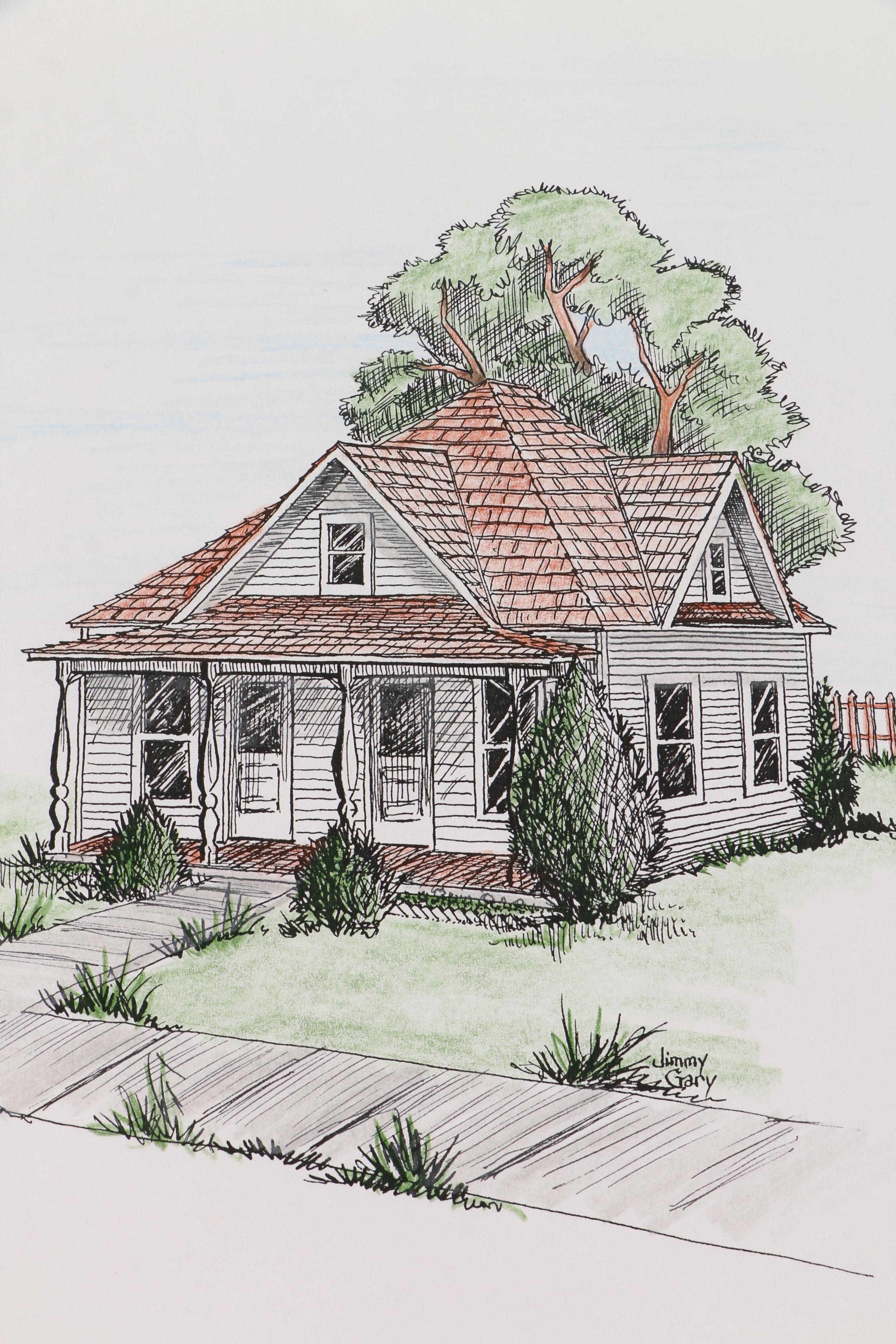 Jerry M. Ellis Limited Edition Signed Offset LIthograph "1881 Moses Carver House" and Ten Assorted Pen and Ink Drawings by Jimmy Gary