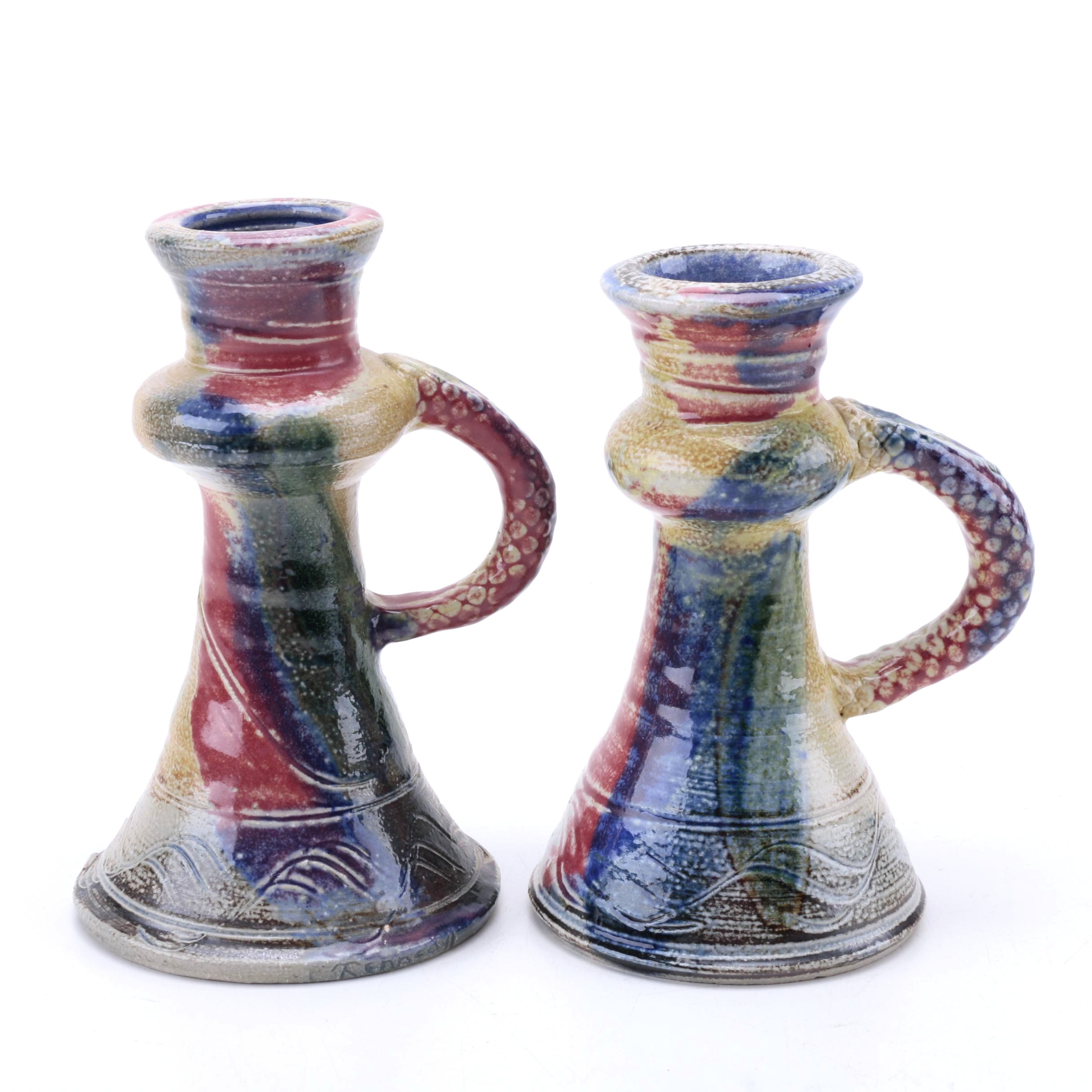 Pair of Irish Michael Kennedy Ceramics Multi-Colored Candlestick Holders