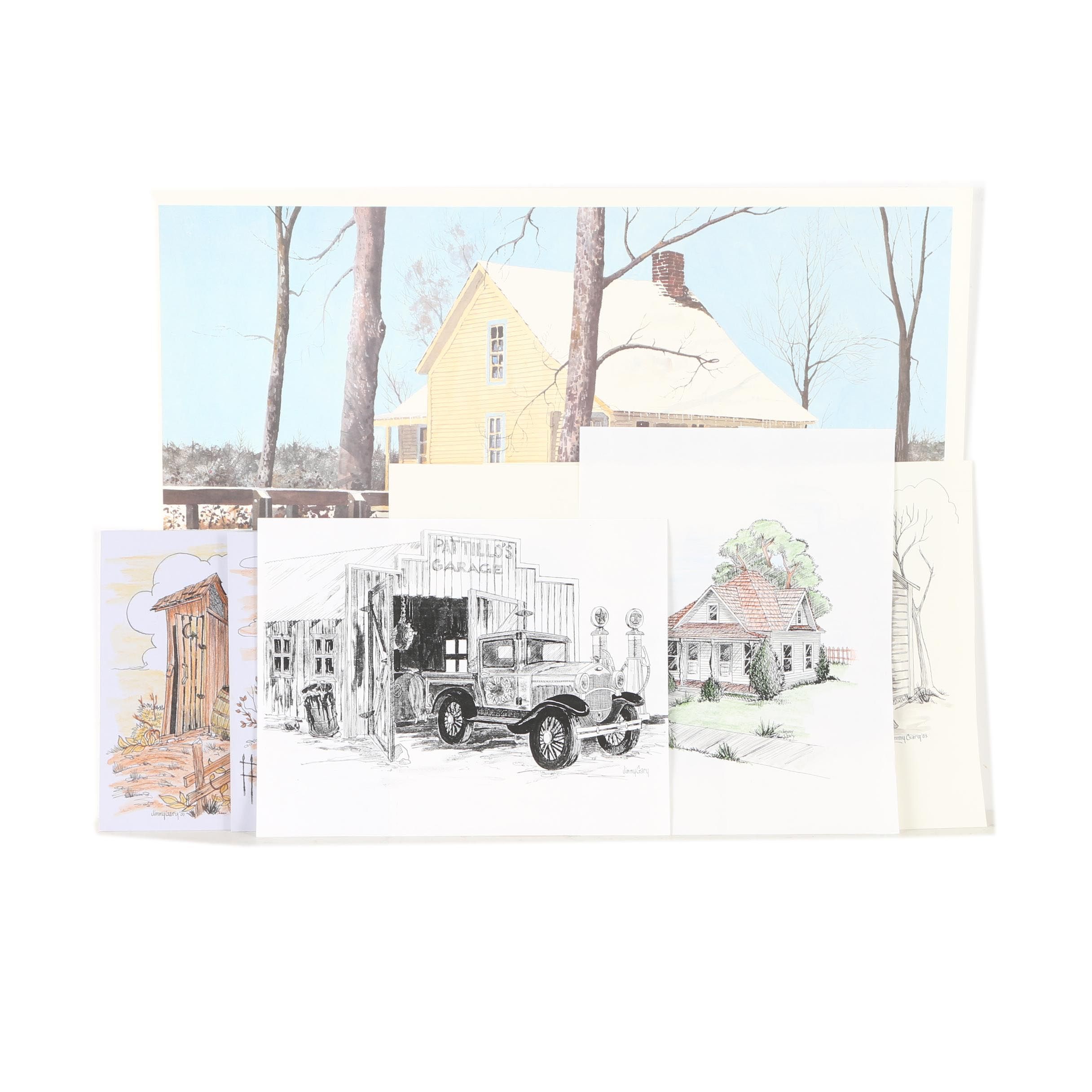 Jerry M. Ellis Limited Edition Signed Offset LIthograph "1881 Moses Carver House" and Ten Assorted Pen and Ink Drawings by Jimmy Gary