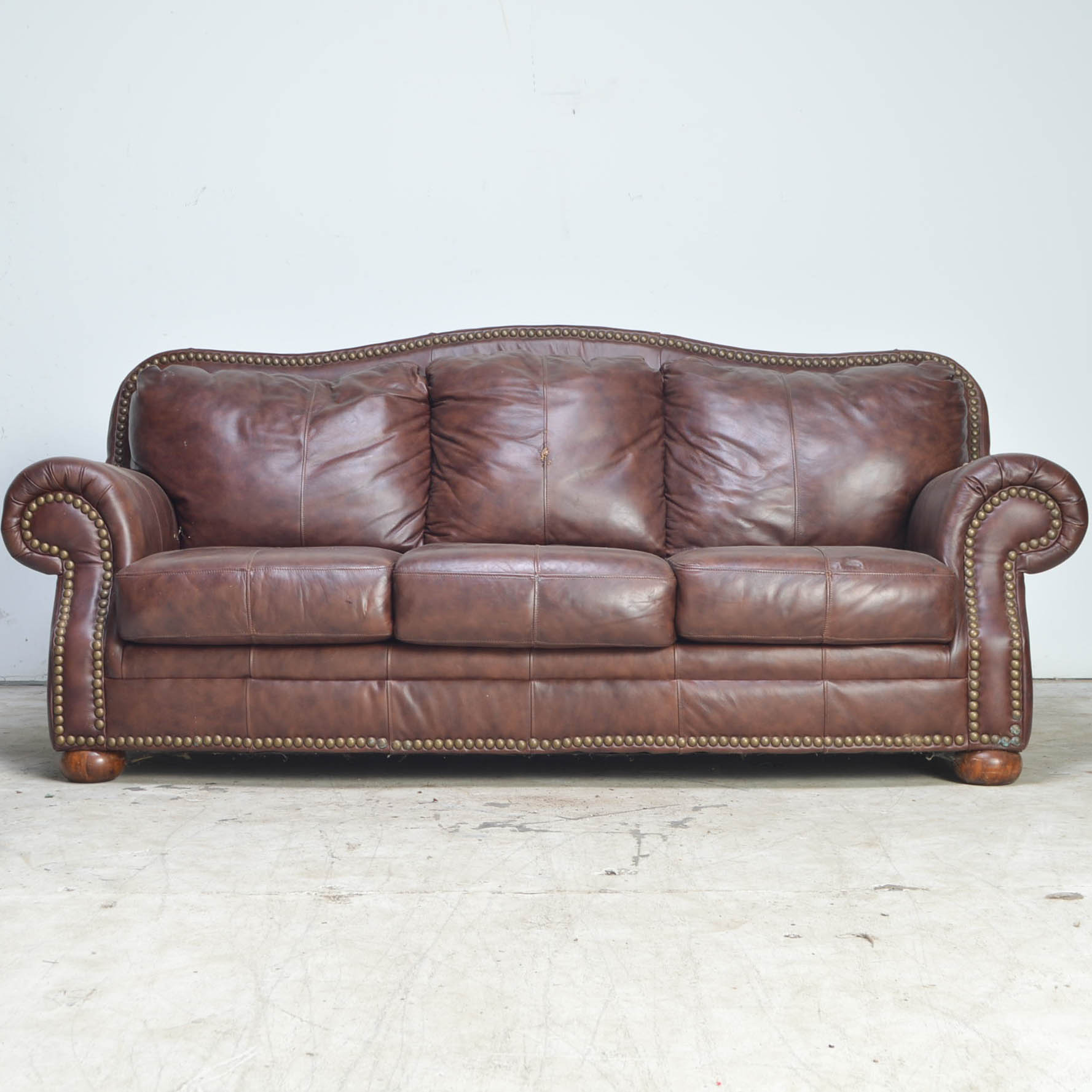 Brown Camelback Leather Sofa
