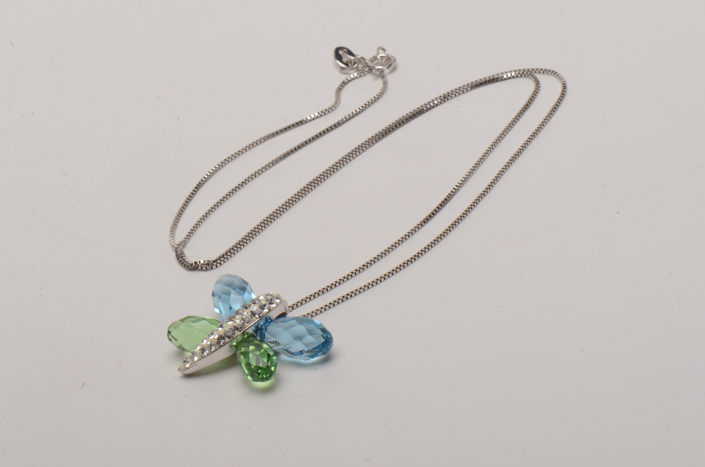 Sterling Silver Colored Glass Stone Butterfly Pendant Necklace