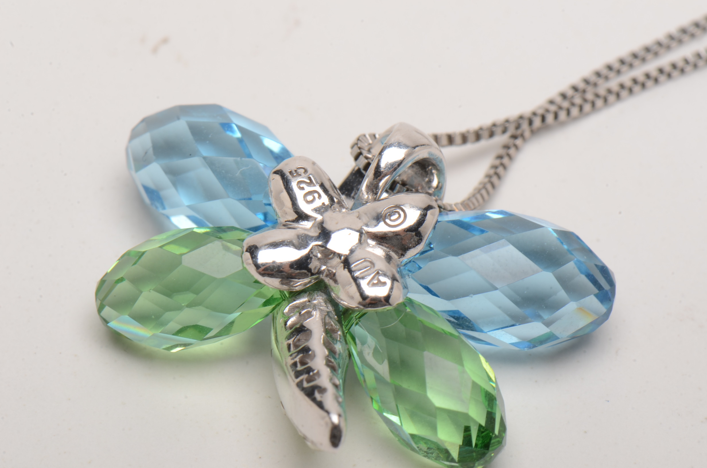 Sterling Silver Colored Glass Stone Butterfly Pendant Necklace