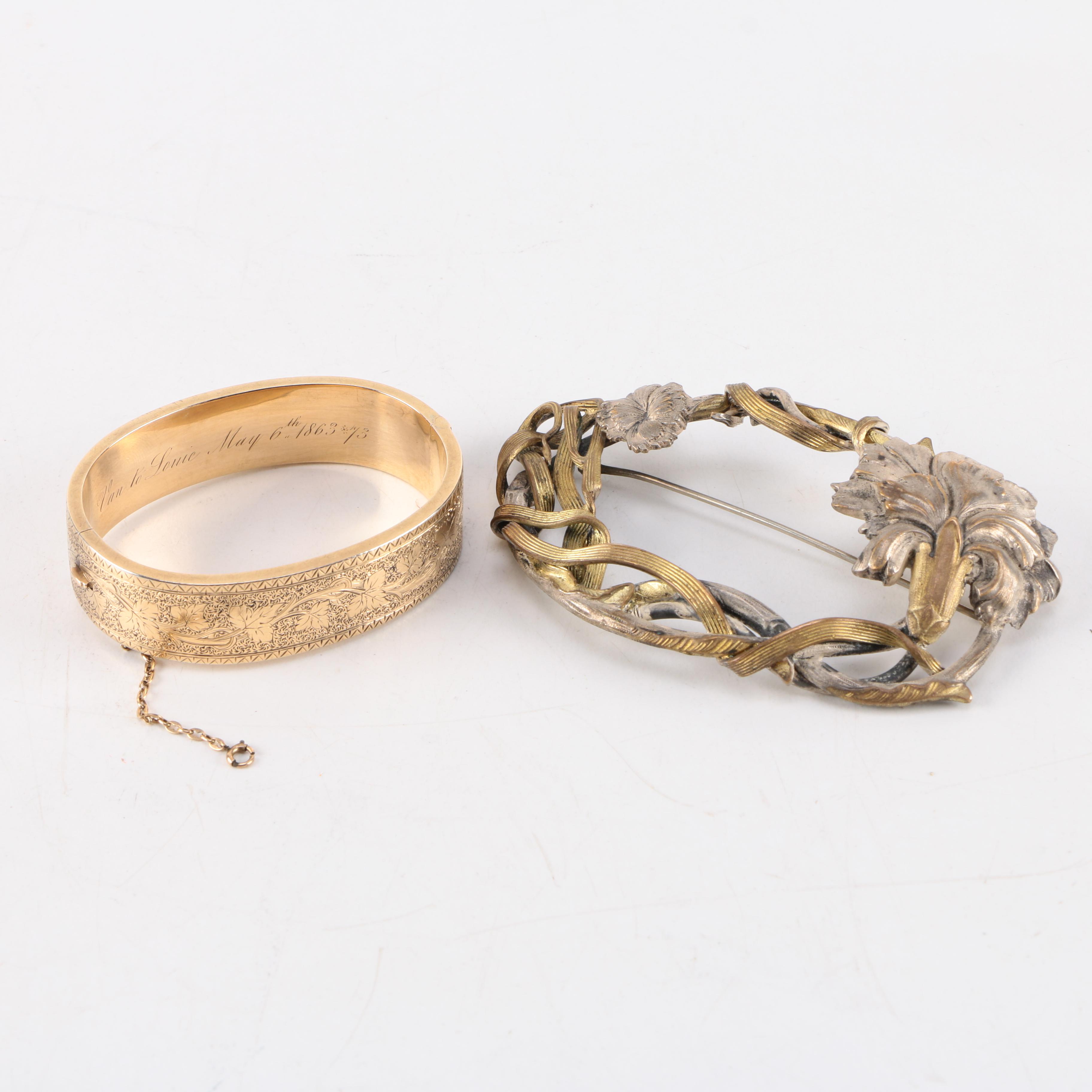 Vintage Gold Tone Bracelet and Brooch