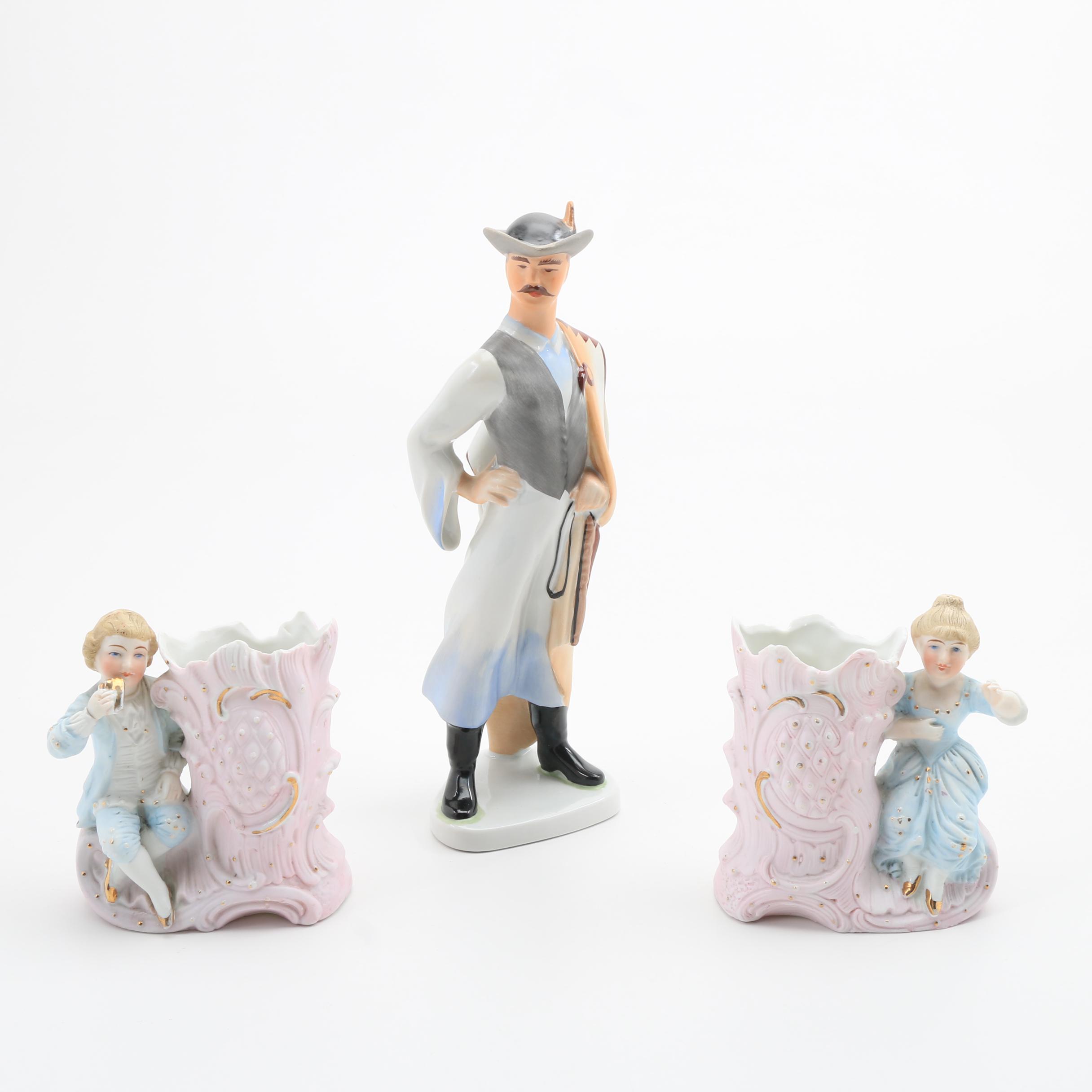 Bisque Porcelain Figural Vases and Aquincum Porcelain Figurine