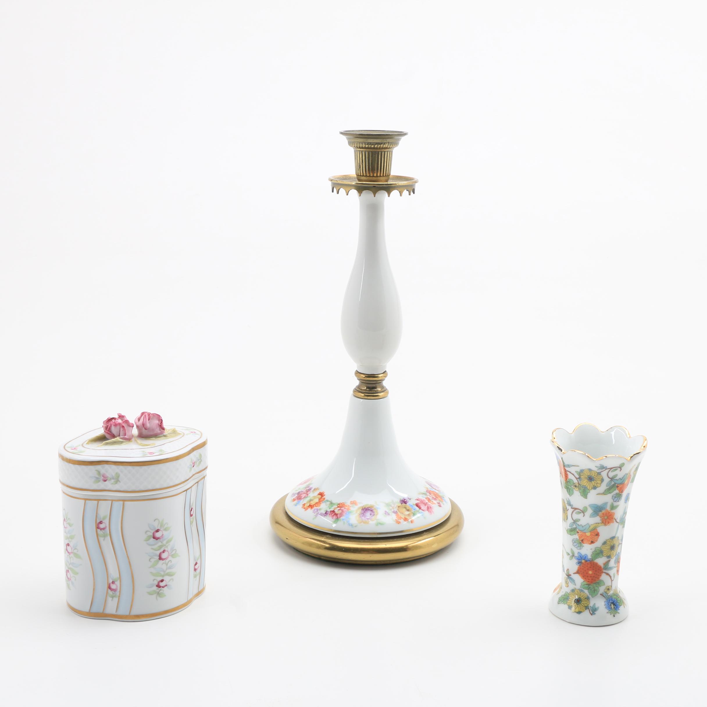 Schumann Porcelain Candlestick, Vase and Holluhaza Covered Box