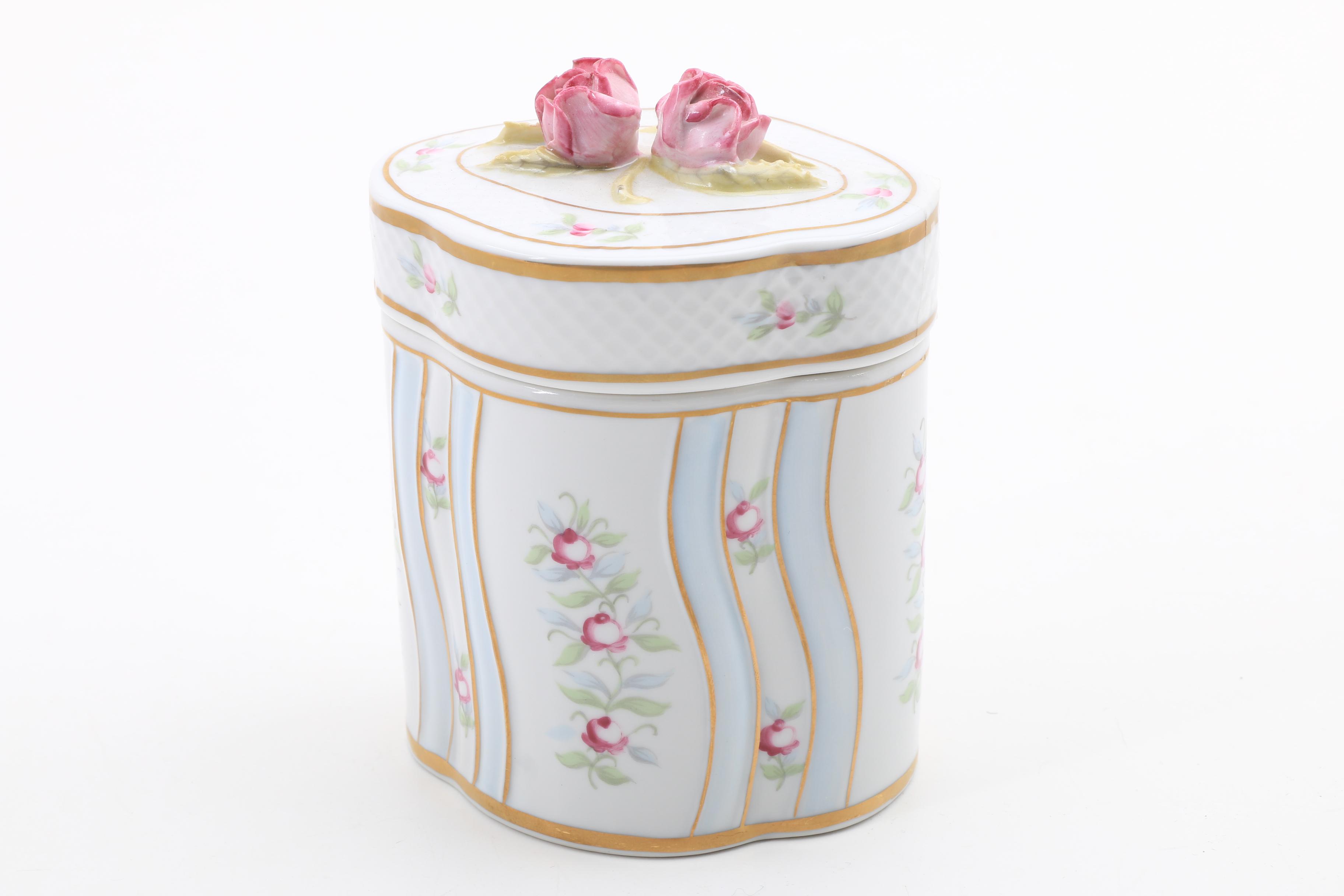 Schumann Porcelain Candlestick, Vase and Holluhaza Covered Box