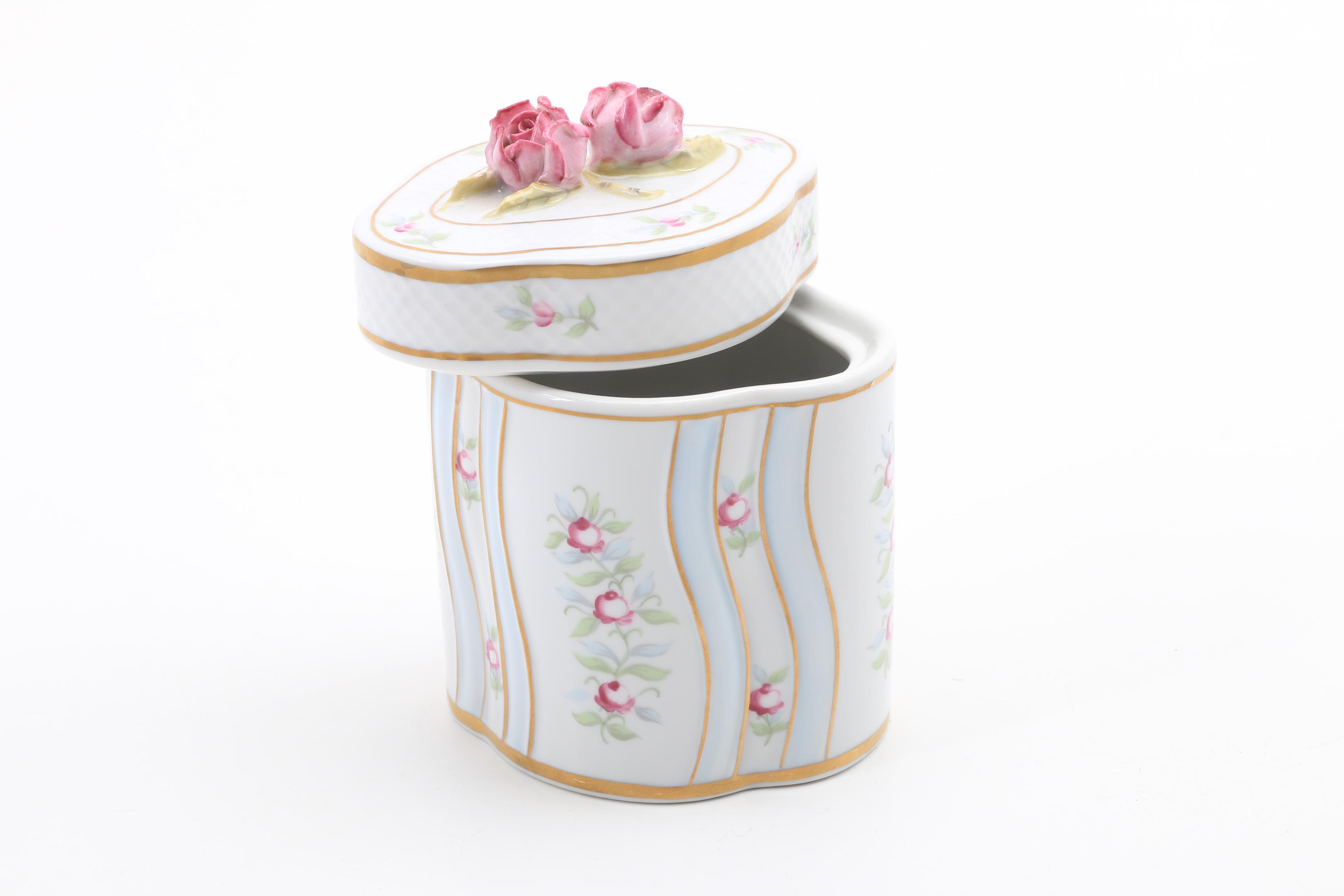 Schumann Porcelain Candlestick, Vase and Holluhaza Covered Box